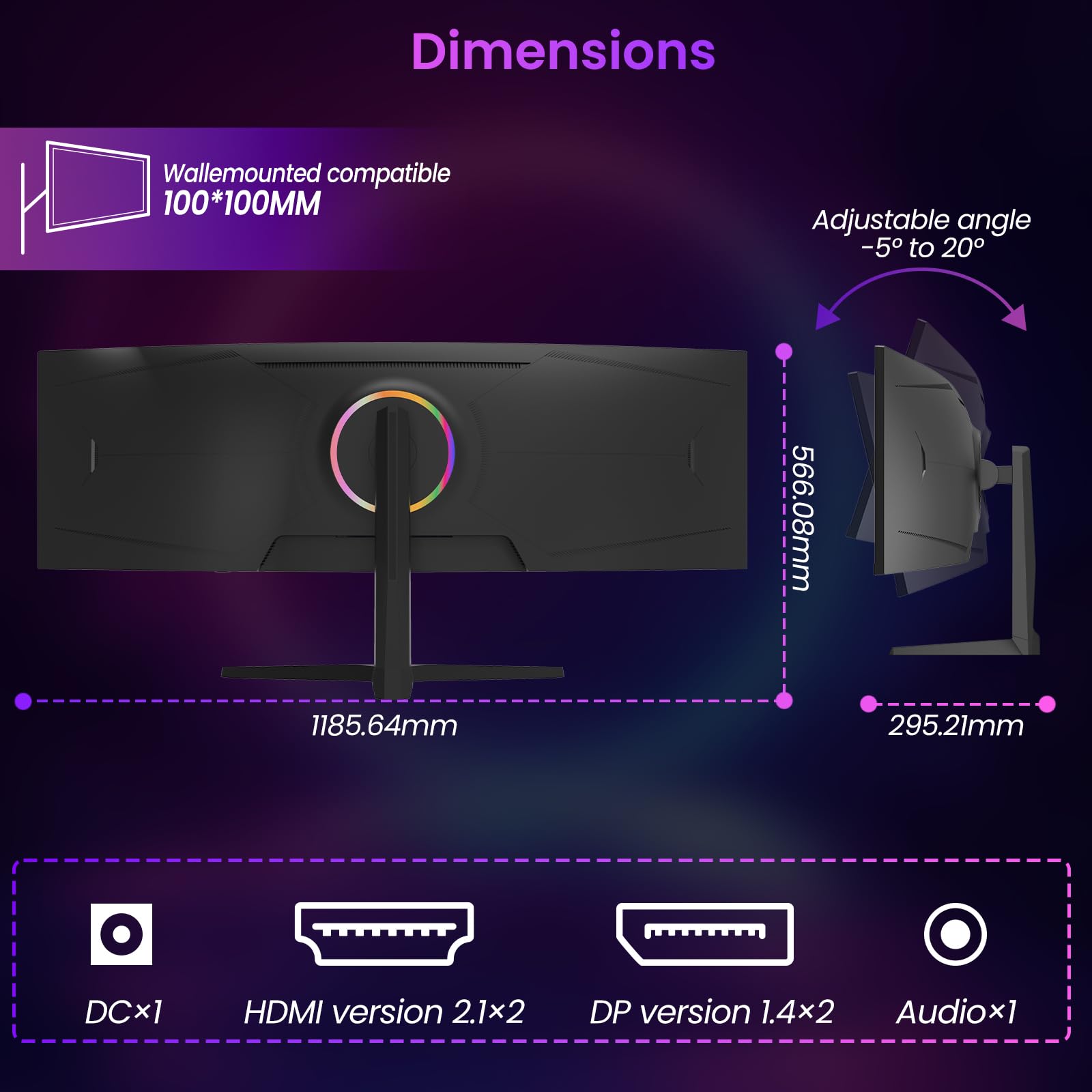 Gawfolk Monitor Gaming Curvo 49 Pulgadas Ultra Ancho DQHD 5120x1440, Tasa de Refresco 120Hz, Curvatura 1500R Formato 32:9, Modos Pip/PBP, Compatible AMD FreeSync, 120% sRGB, Puertos HDMI 2.1 y DP 1.4