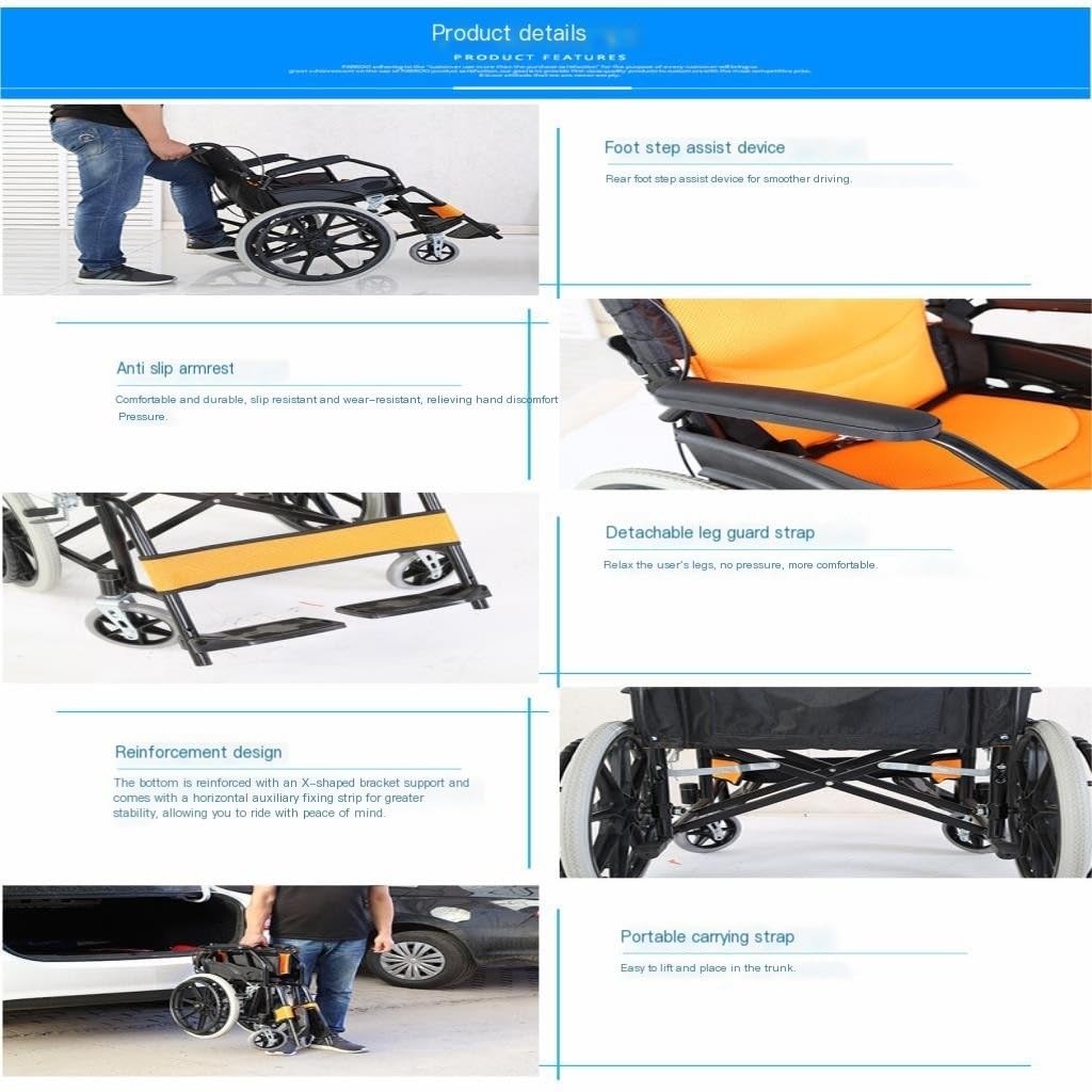 Silla de Ruedas de Movilidad para Ancianos Silla de Ruedas Plegable Manual para Ancianos Silla de Ruedas Pequeña Y Ultraligera Portátil para el Hogar/Yellow/a