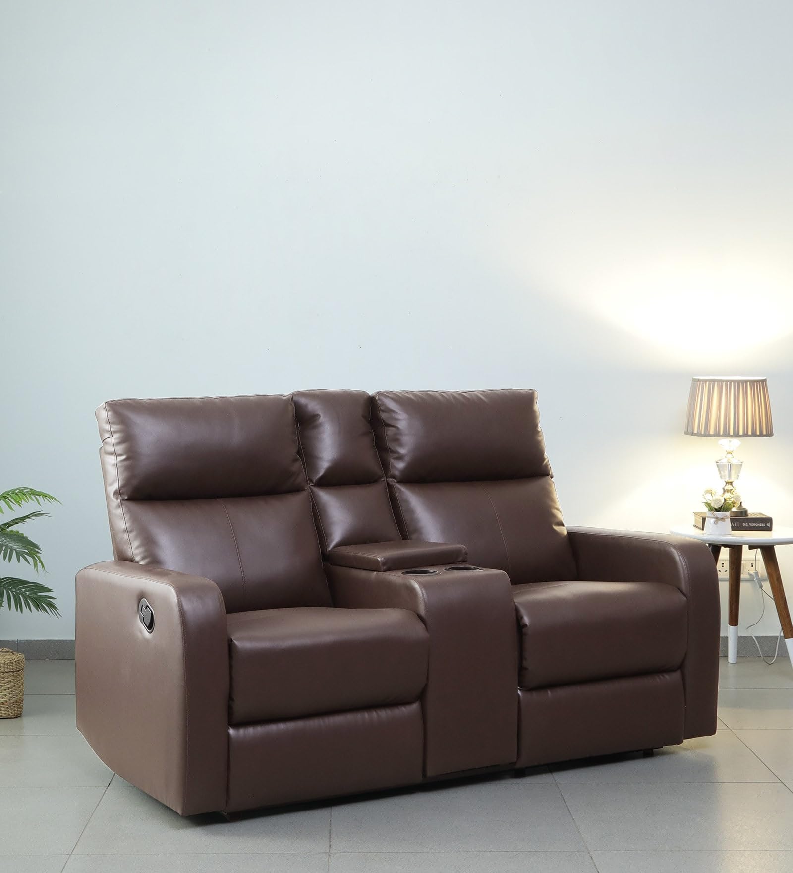 Leatherette/Metal/Foam with Elastic Webbing & Lashing Belt Suspension Crescent 2 Seater Recliner Sofa with Cubholder - Brown-picture-15