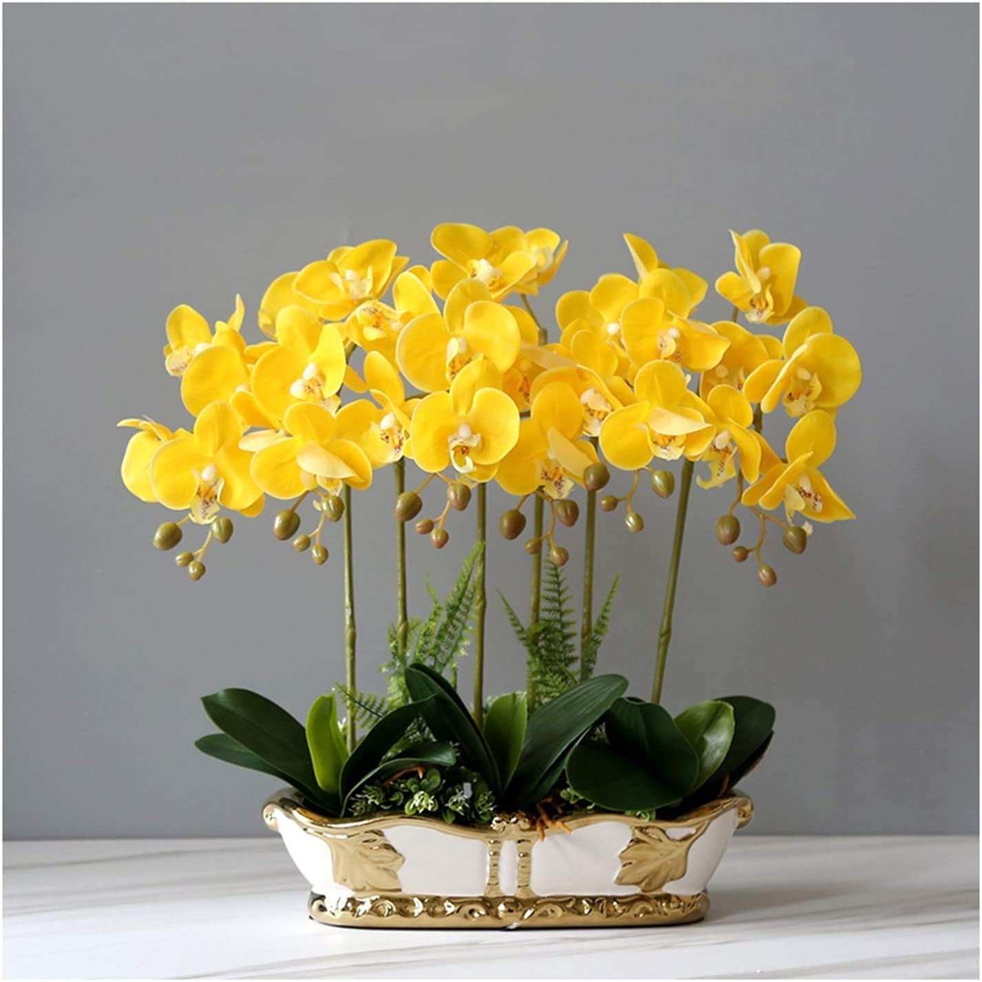 IUokLU artificial flower with pot Orchid Artificial Orchids Potted Simulation Orchids Plants Bonsai with Ceramics Pot for Office/Parlor/Kitchen Decoration Faux Flower Orchid (Yellow)