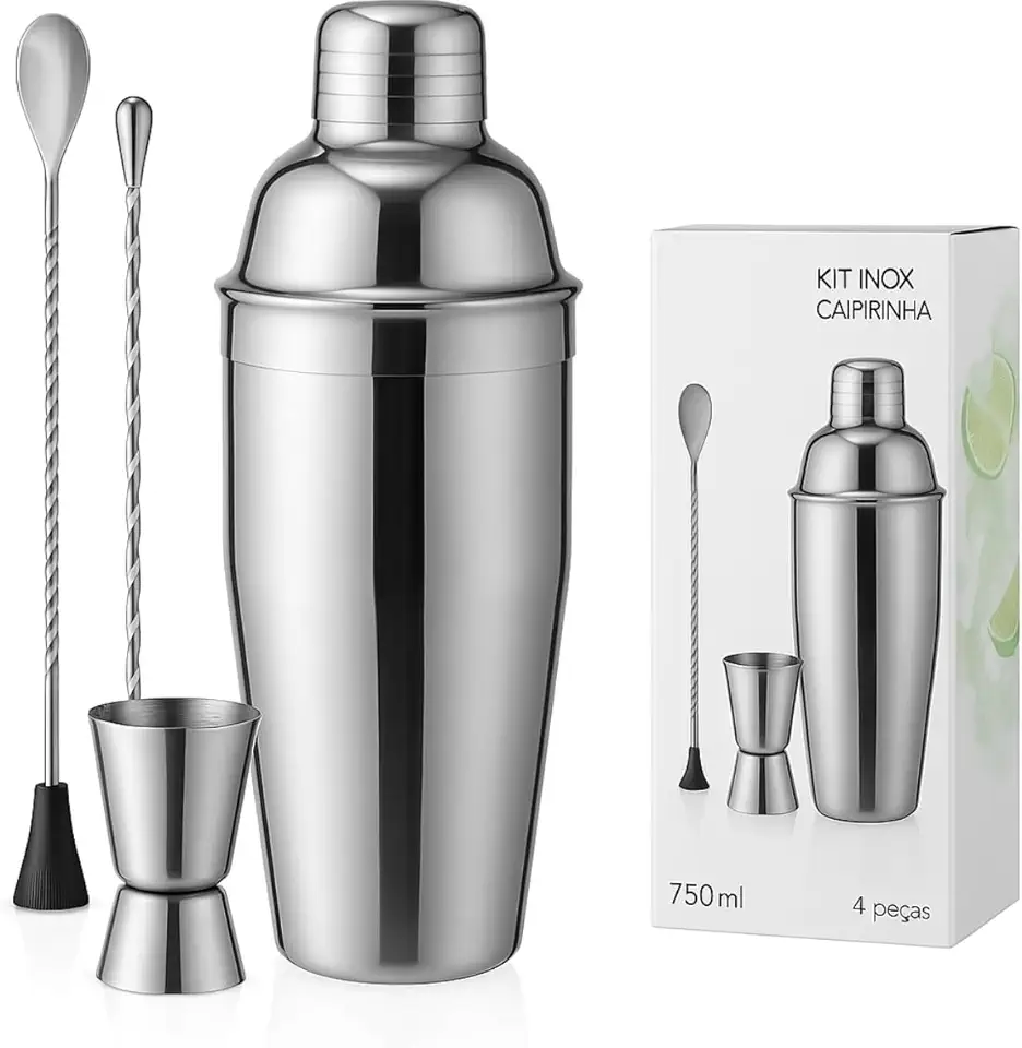Kit Caipirinha Profissional, Coqueteleira modelo Cobbler, Aço Inox, 750m, 4 peças | Drinks, Cocktails, Batidas (INOX)