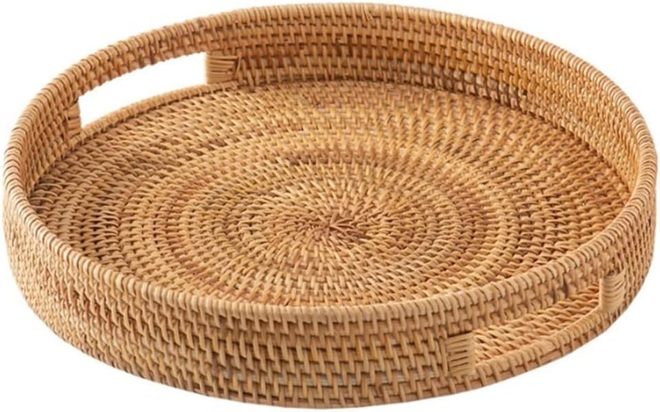 Rattan Woven Tray Multi-functional Storage Organizer Round Design for Ottoman Coffee Side Table Countertop(35CM)