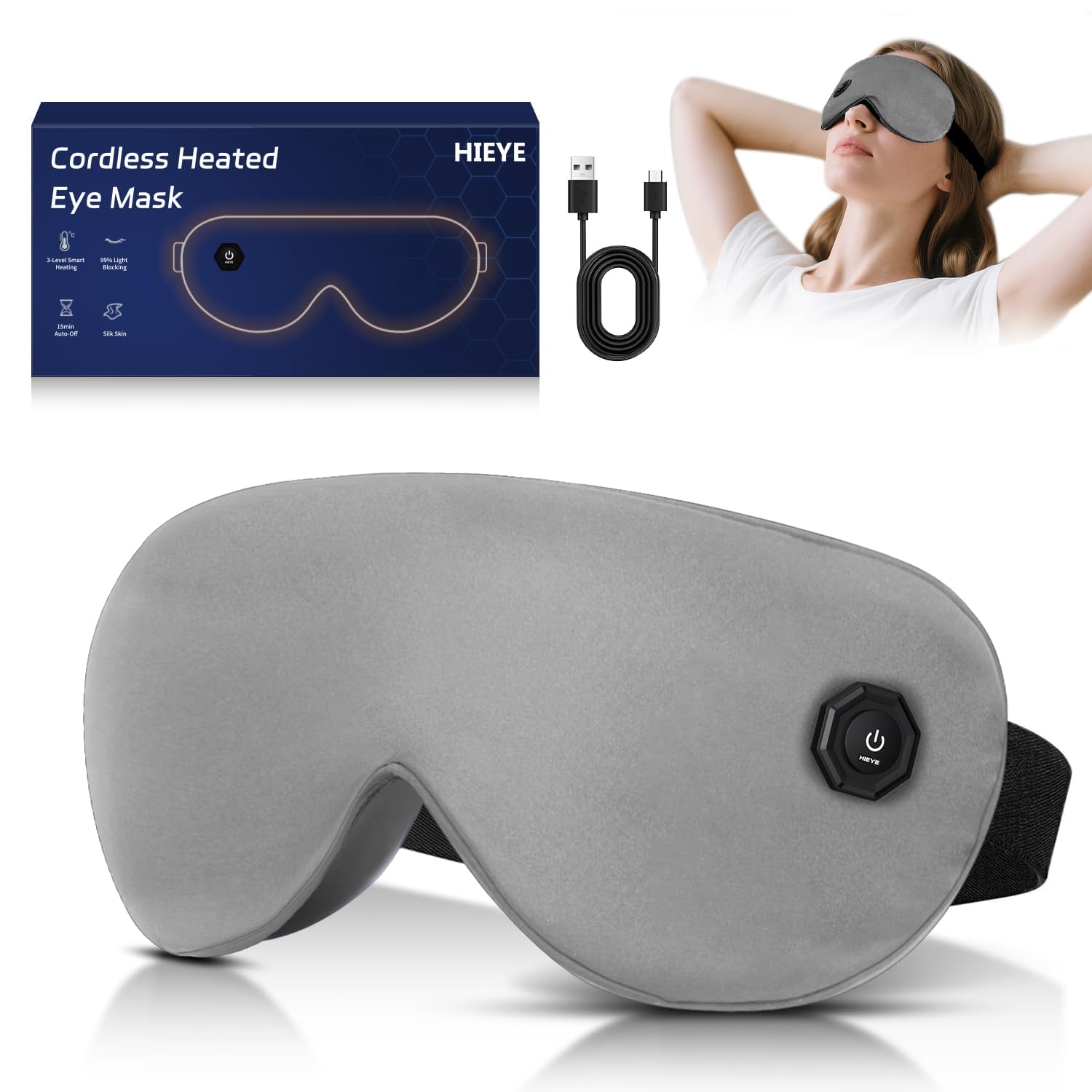 HIEYE Graphene Heated Eye Mask for Dry Eyes - Rechargeable Wireless Sleep Mask with 3 Heat Levels Auto-Off