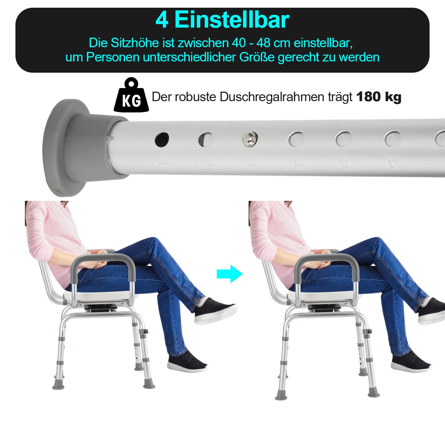 Gimisgu Silla de ducha giratoria 360°, con brazos y respaldo extraíbles, altura regulable 56-69 cm, grandes ventosas, taburete de ducha para personas mayores, estable asiento de ducha sin herramientas