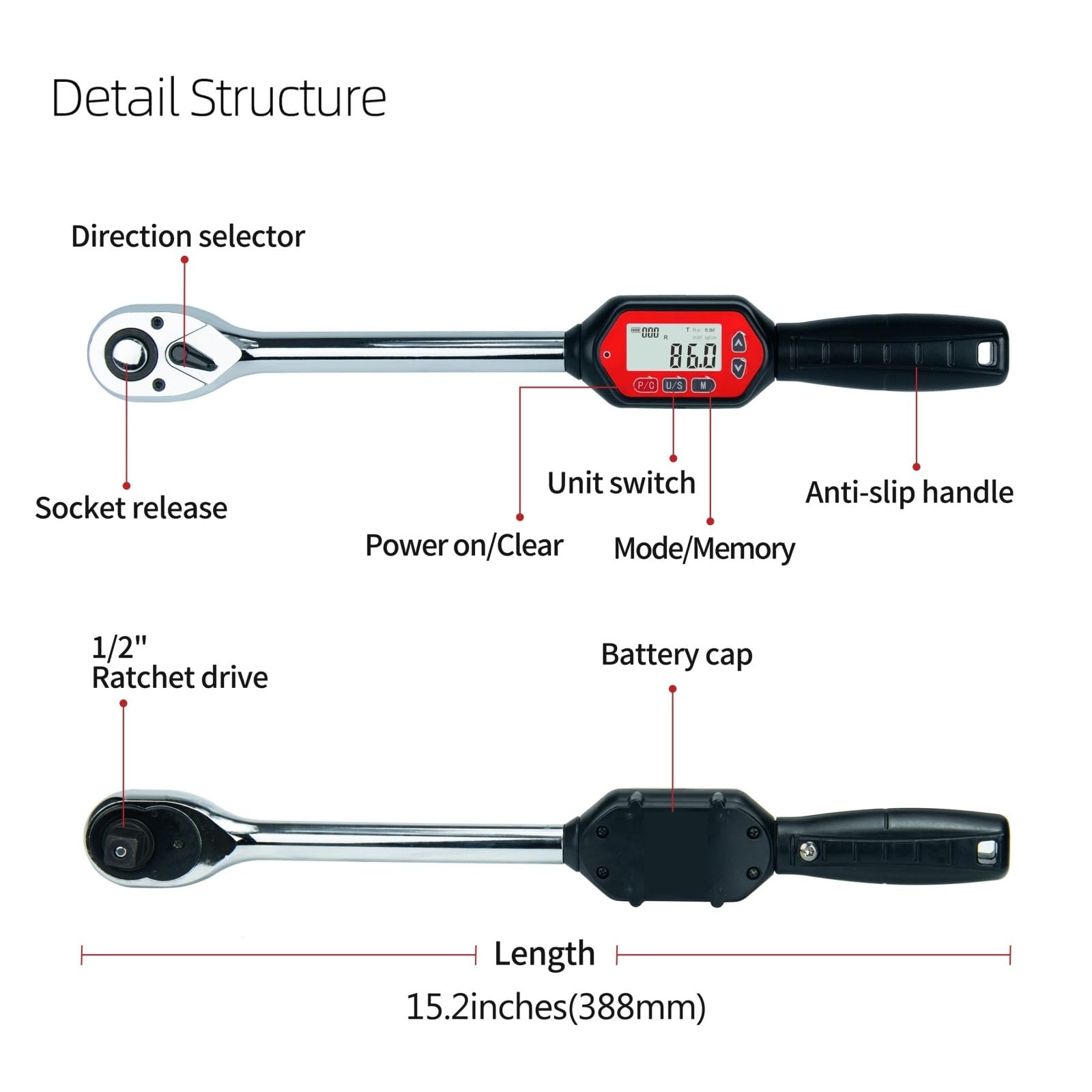 Klucz dynamometryczny cyfrowy 1/2 cala, 4-135 Nm, 2,9-99,6 ft-lbs z brzęczykiem i diodą LED, Kalibrowana dokładność
