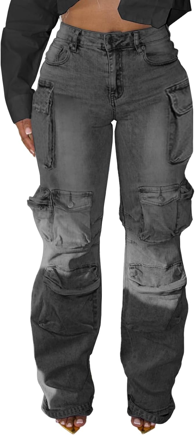 Unybwonn Women Rhinestone Cargo Jeans High Waisted Baggy Sexy Sparkly Cut Out Ripped Distressed Stretchy Denim Pants