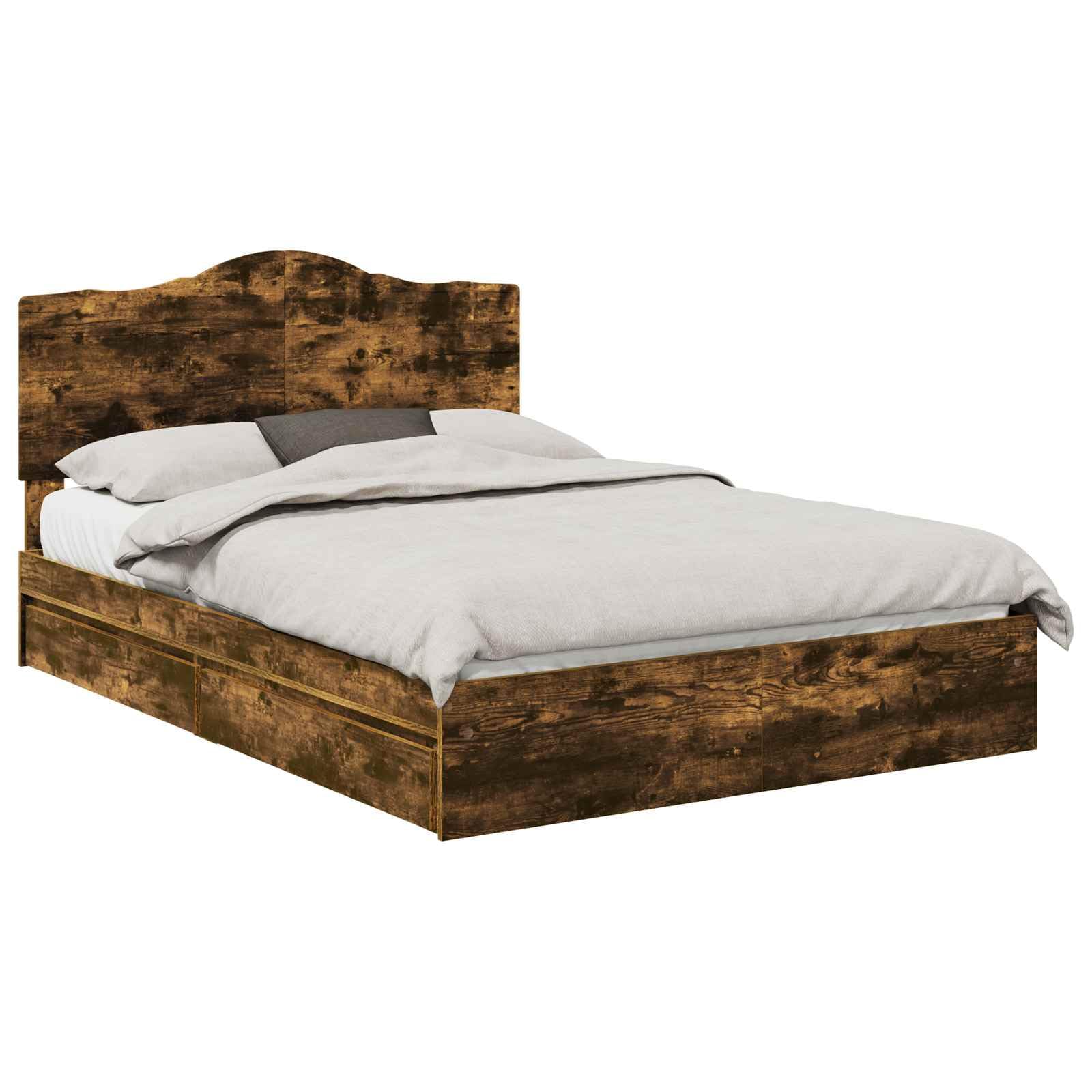 vidaXL Storage Bed with Drawer Smoked Oak 140 x 190 cm Engineered Wood, Modern, Rectangular Bed Frame for Stylish Sleeping Space, Durable Engineered Wood Platform, Customized Width Solution