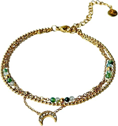 18K Gold Plated Dainty Moon Bracelets for Women, Delicate Link Charm Bracelet, Layered Beaded Bracelet with Green Natural Stone, Stackable Boho Jewelry Gift