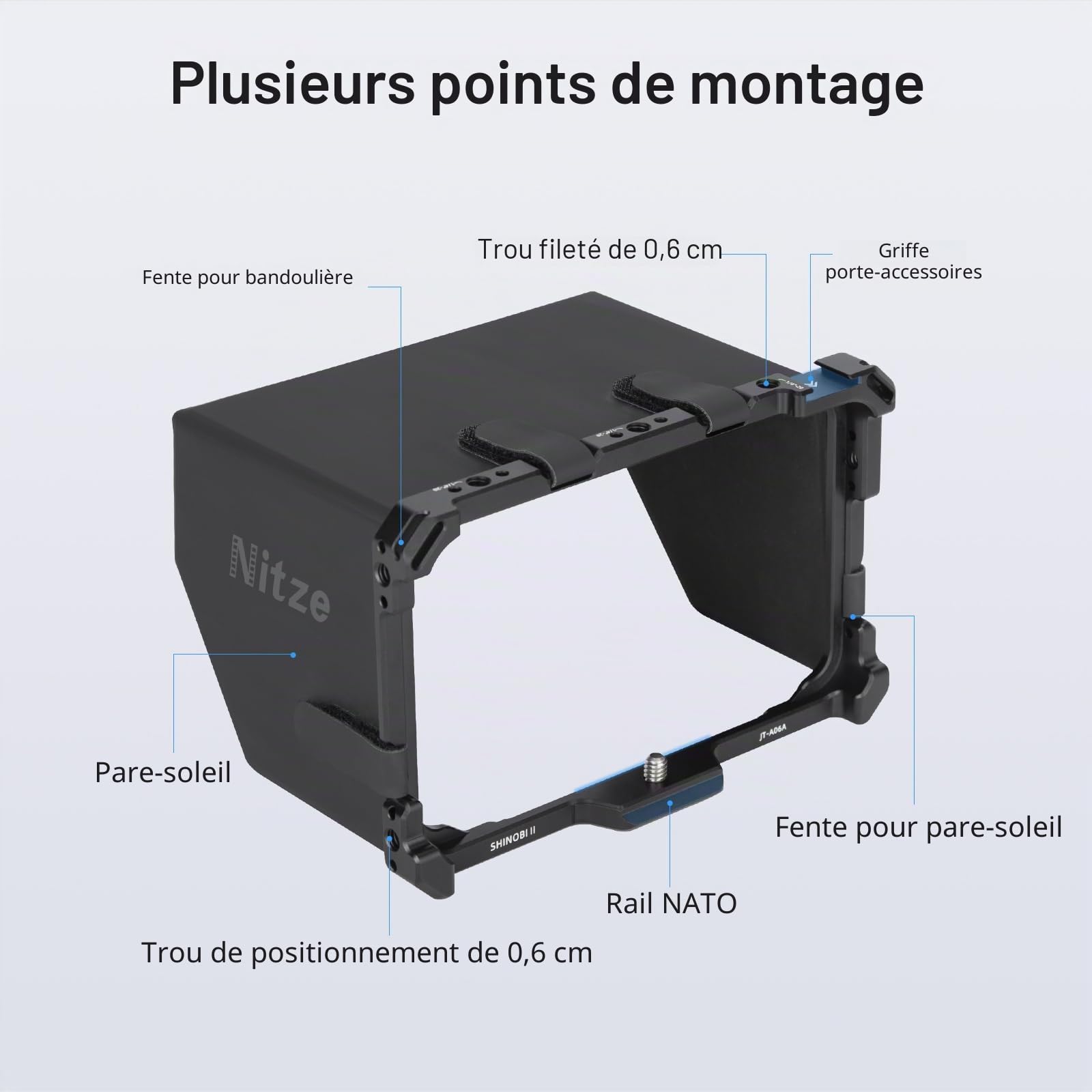 Nitze Shinobi 2 Cage, Cage pour Moniteur Atomos Shinobi II avec Cold Shoe Intégrée, NATO Rail et Pare-Soleil en Cuir PU - JT-A06B