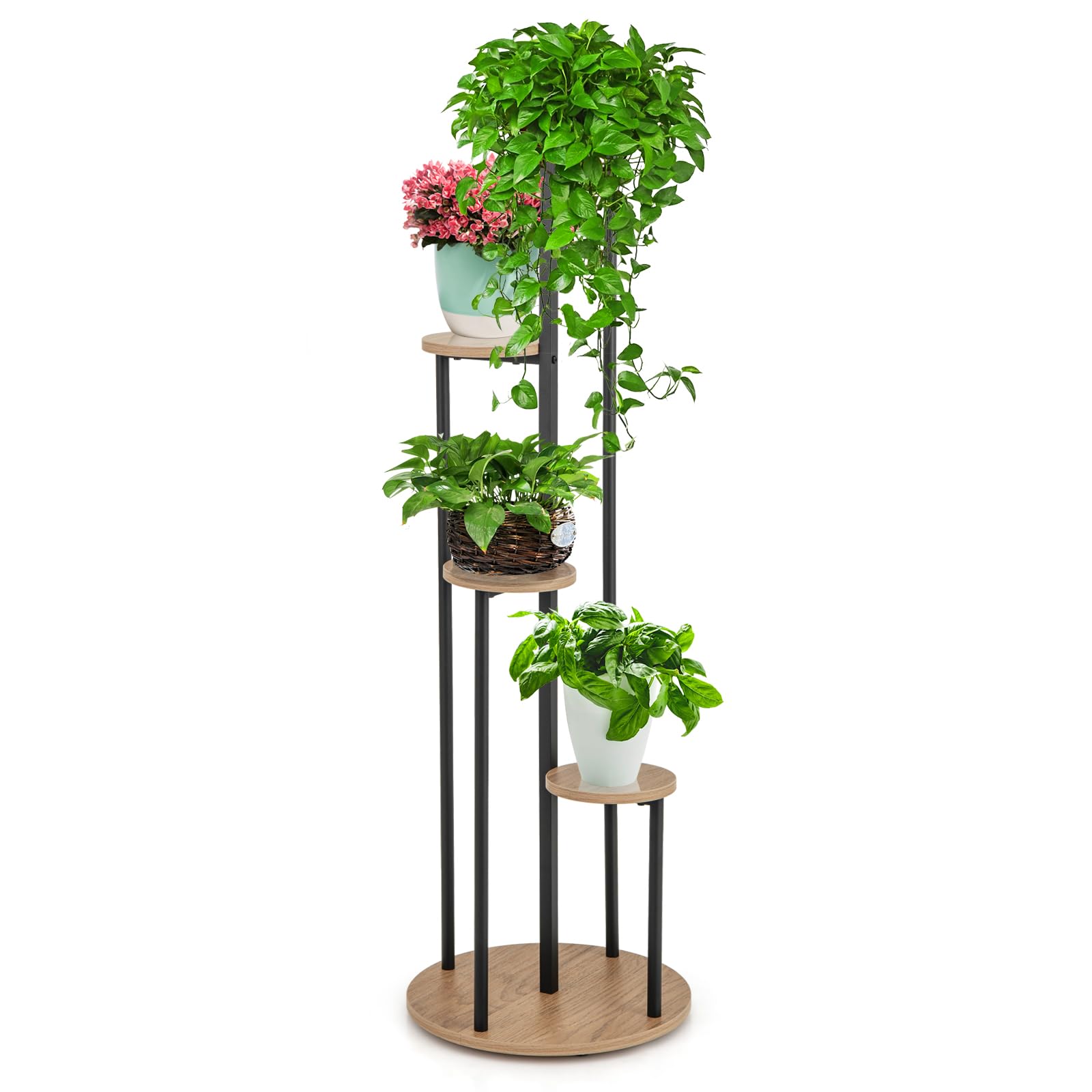 TANGZON 5-Tier Corner Plant Stand, Tall Plant Pot Display Stand Holder with Anti-Slip Pads, Indoor Outdoor Metal Flower Rack Ladder Shelf for Home Office Garden Balcony Decor (Natural + Black)