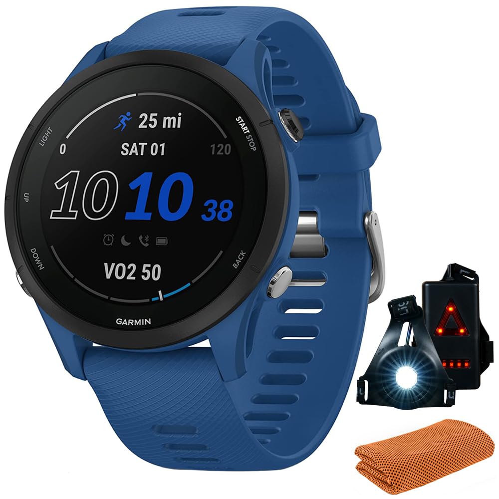 Garmin 010-02641-01 Forerunner 255 GPS Smartwatch, Tidal Blue | Official USA Partner Model | Bundle with Workout Cooling Sport Towel and Deco Essentials Wearable Commuter Front and Rear Safety Light