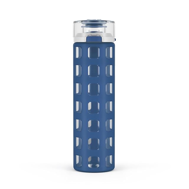 Ello Syndicate 20oz Reusable Glass Water Bottle with One-Touch Leak Proof Flip Lid and Protective Non-Slip Silicone Sleeve
