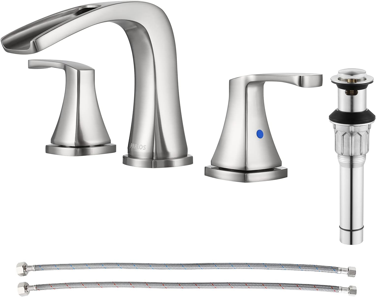 Waterfall Widespread Bathroom Faucet Two Handles with Metal Pop Up Drain & cUPC Faucet Supply Lines, Doris (Brushed Nickel)