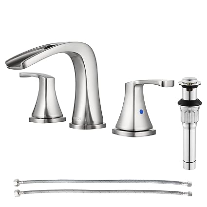 PARLOS Waterfall Widespread Bathroom Faucet Double Handles with Pop Up Drain & cUPC Faucet Supply Lines, Brushed Nickel, Doris 14070