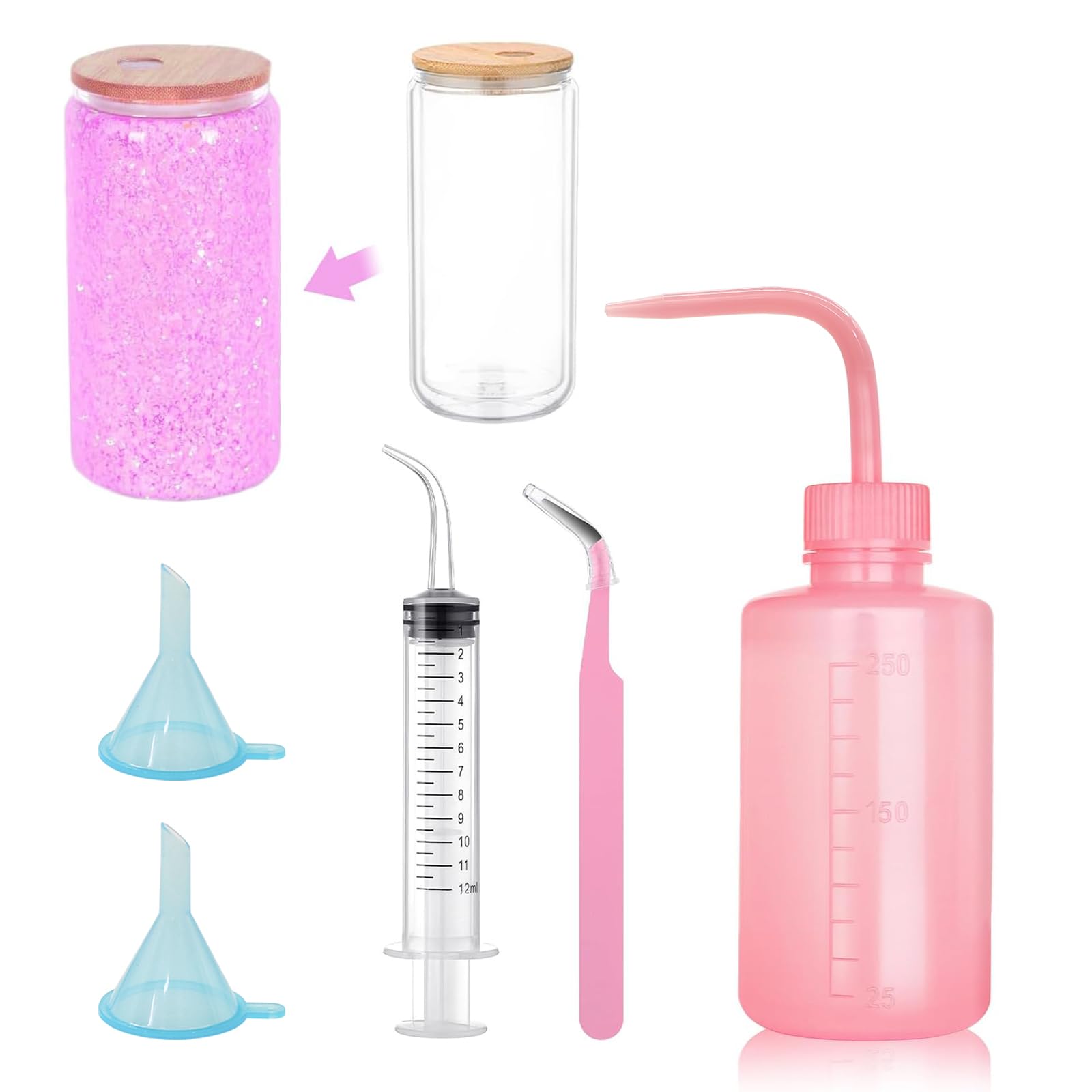 5 Pcs Snow Globe Tumbler Supplies for Glitter Snow Globe DIY Contains Plastic Squeeze Bottle Small Funnel Tweezers Bent Syringe for Cup Making Supplies