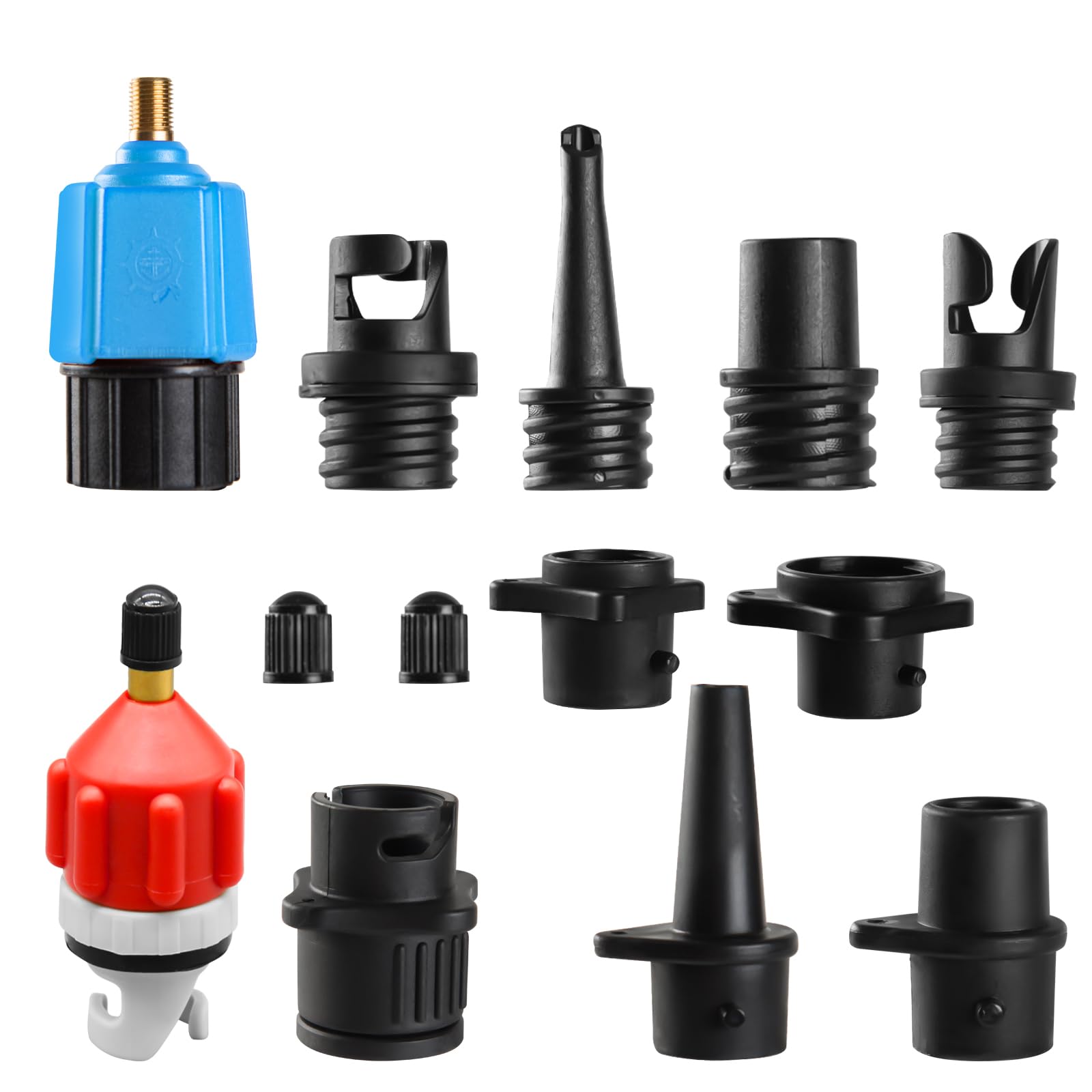 Inflatable SUP Pump Adaptor, Paddle Board SUP Valve Adapter with 9 Standard Conventional Air Pump Nozzles for Inflatables SUP Inflator Adapter Paddle Board Inflatable Boat SUP Board(Blue, Red)