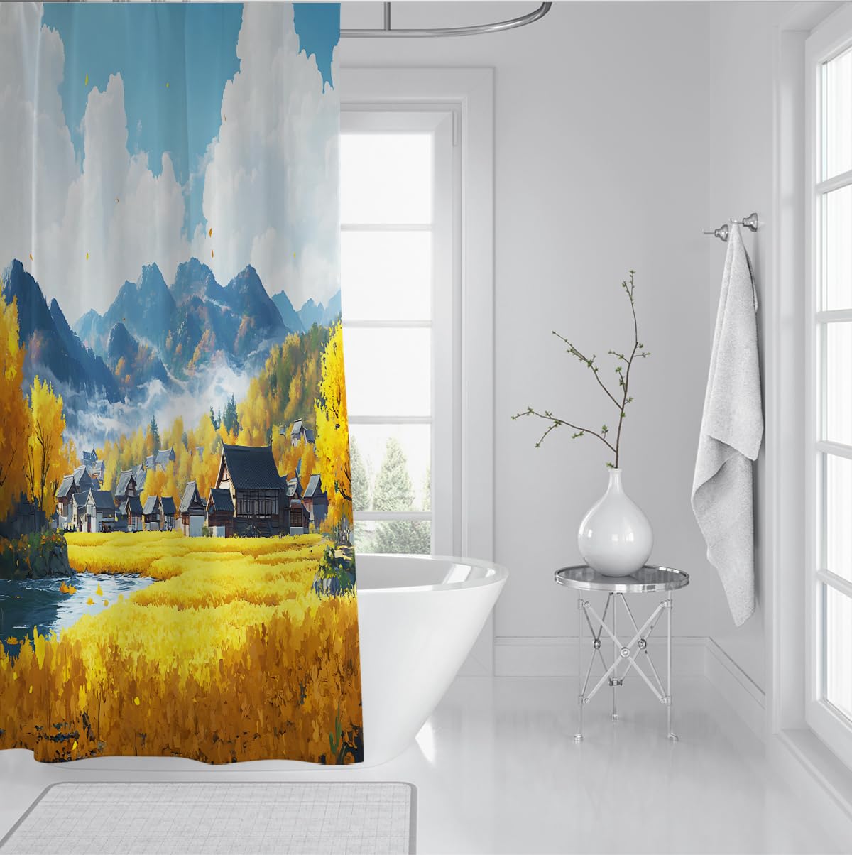 Herbst goldenes Weizenfeld Dorfhaus Duschvorhang W120xL200 cm