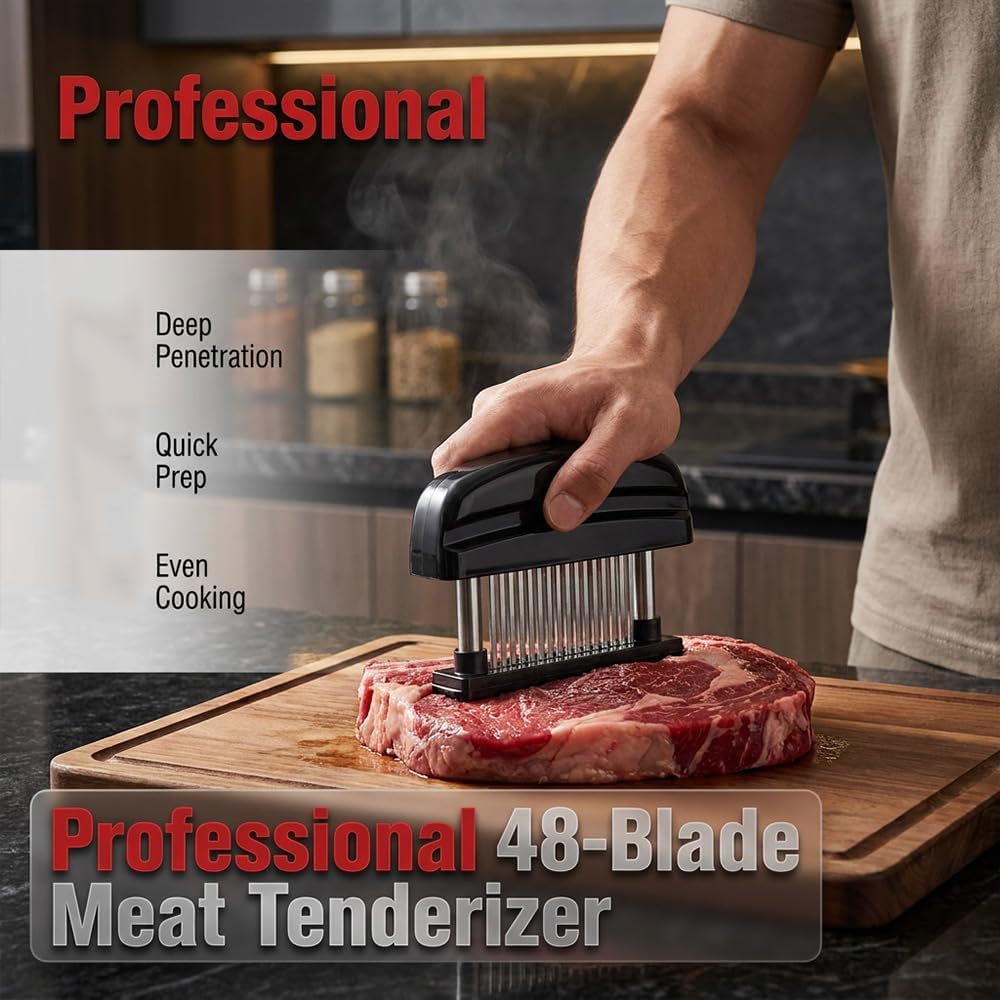 Fleischklopfer, gefedertes professionelles Zartwerkzeug mit 48 Edelstahl-Nadelklingen für Steak, Rind, Schwein, Huhn, BBQ (2 Packungen)