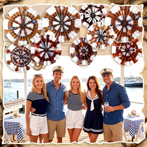 Image of Outus 9 Pcs Nautical Party Decorations Ship Wheel Paper Fans Hanging Decor Coastal Ship Wheels Wall Ceiling Decoration for Sailor Theme Baby Shower Ocean Pirate Beach Cruise Birthday Party Supplies