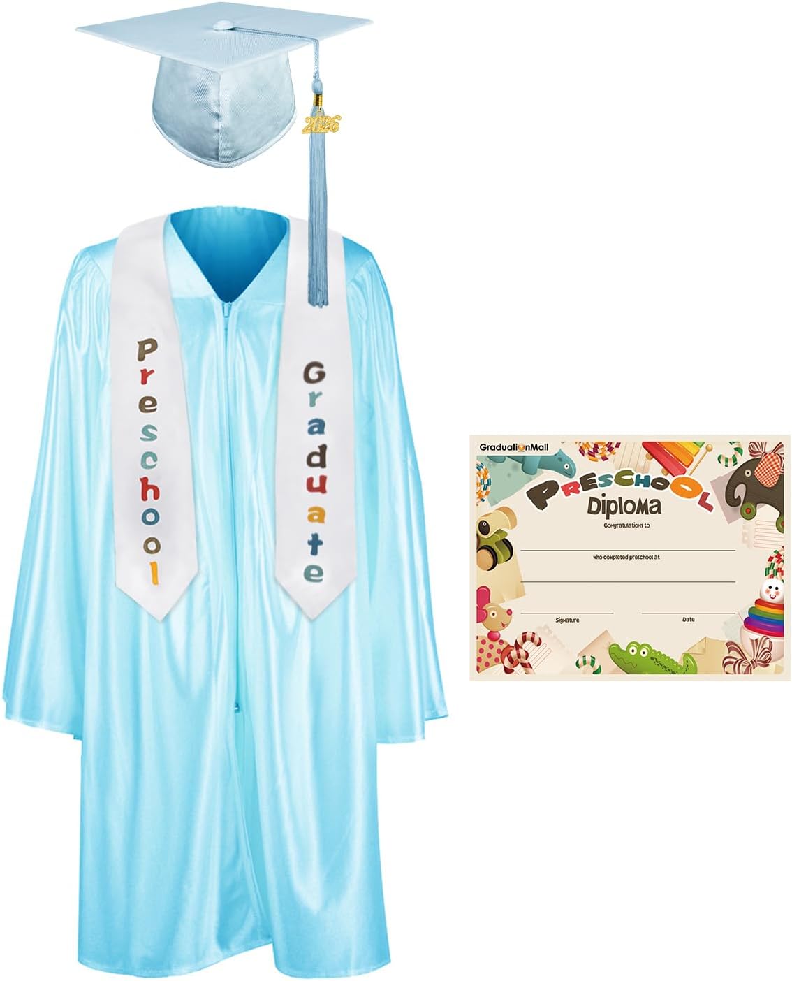 GraduationMall Preschool Graduation Cap Gown Stole Package with 2026 Tassel, Certificate