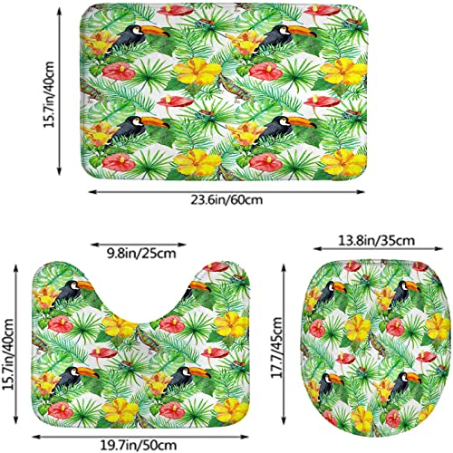 Badezimmerteppich-Set, 3-teilig, Toucan Gecko, Tropische Blätter und exotische Blumen, waschbare Badeteppiche, rutschfest, mit Rückenpolster, Konturteppich und Toilettendeckelbezug – Bild 3
