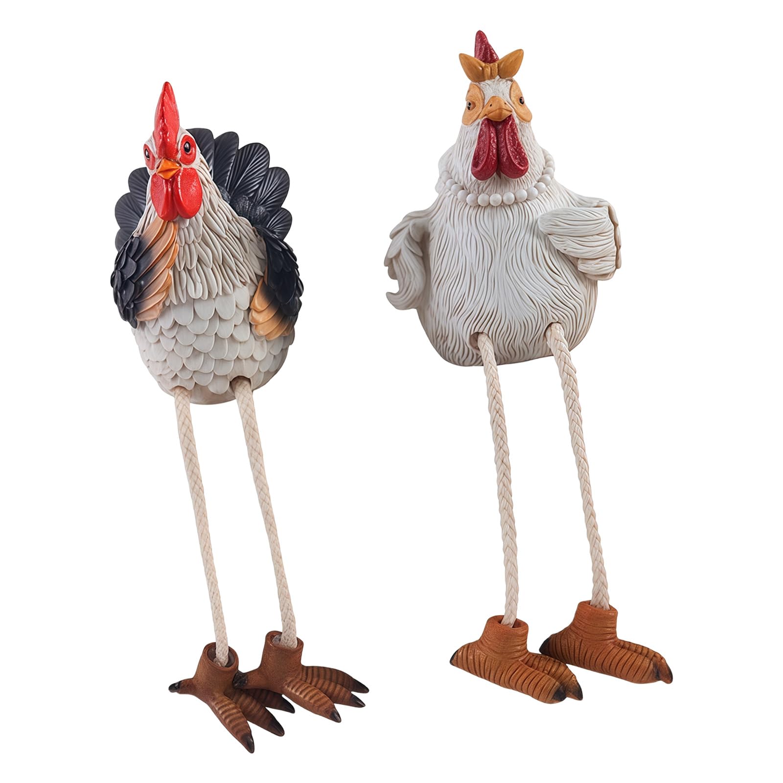 alloneslife 2 Piece Sitting Rooster and Hen Decorative Figurines Resin Chicken Statue with Dangling Legs for Outdoor Indoor Use Miniature Chicken Sculpture Set