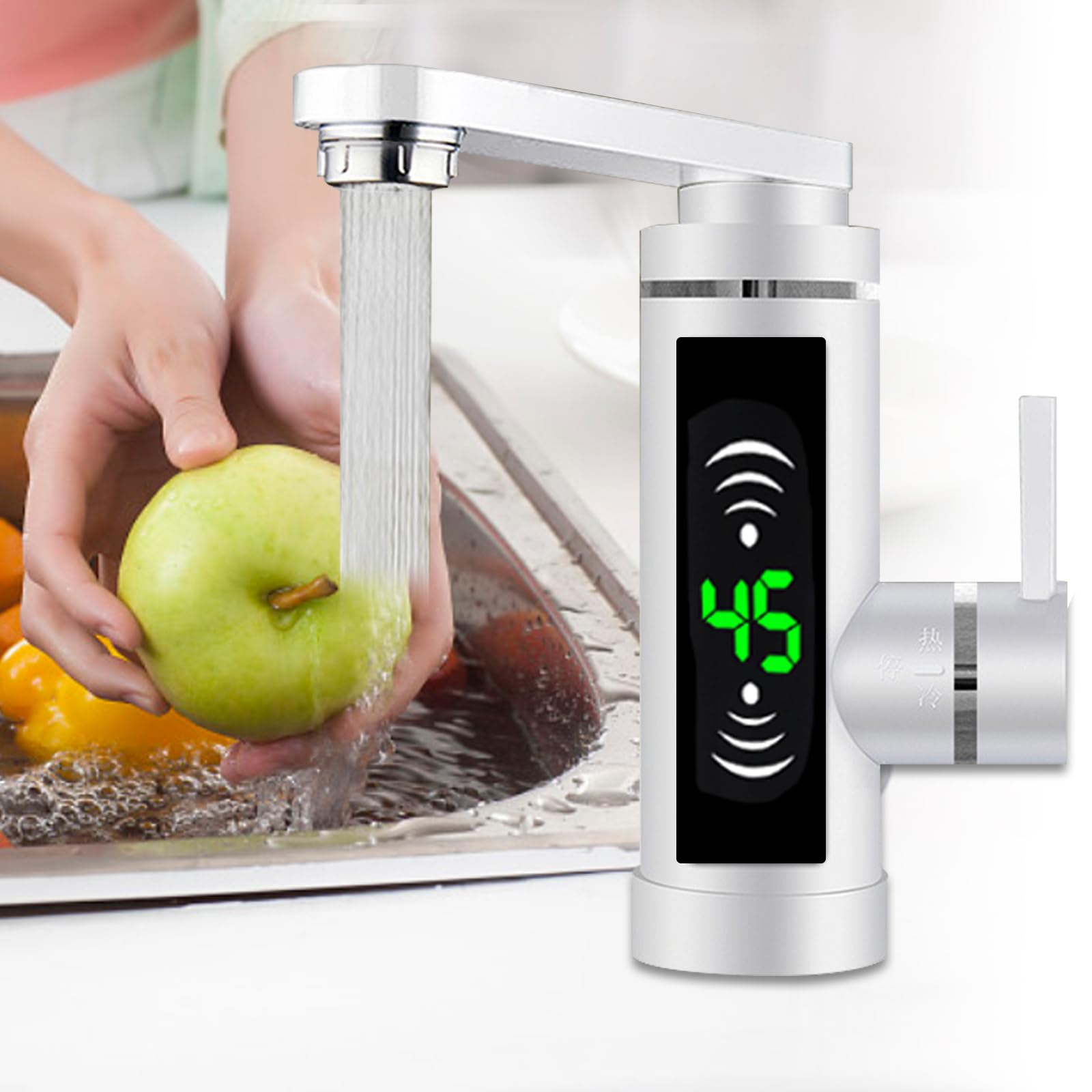Calentador de agua eléctrico de 3300 W, grifo eléctrico con calentador de agua LED, grifo de cocina, adecuado para casa, hotel, restaurante y otros lugares (blanco)