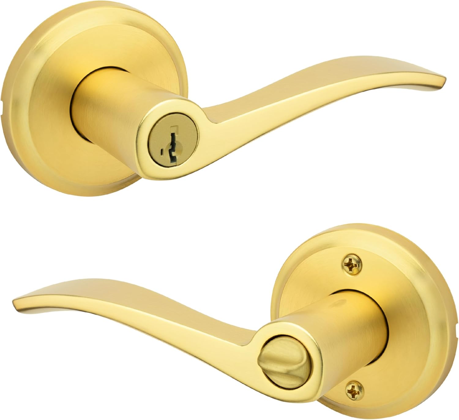 Kwikset Sedona Entry Door Handle with Lock and Key, Secure Keyed Reversible Lever Exterior, for Front Entrance and Bedrooms, Satin Brass, Pick Resistant Smartkey Rekey Security and Microban Kwikset Sedona Entry Door Handle with Lock and Key, Secure Keyed Reversible Lever Exterior, for Front Entrance and Bedrooms, Satin Brass, Pick Resistant Smartkey Rekey Security and Microban