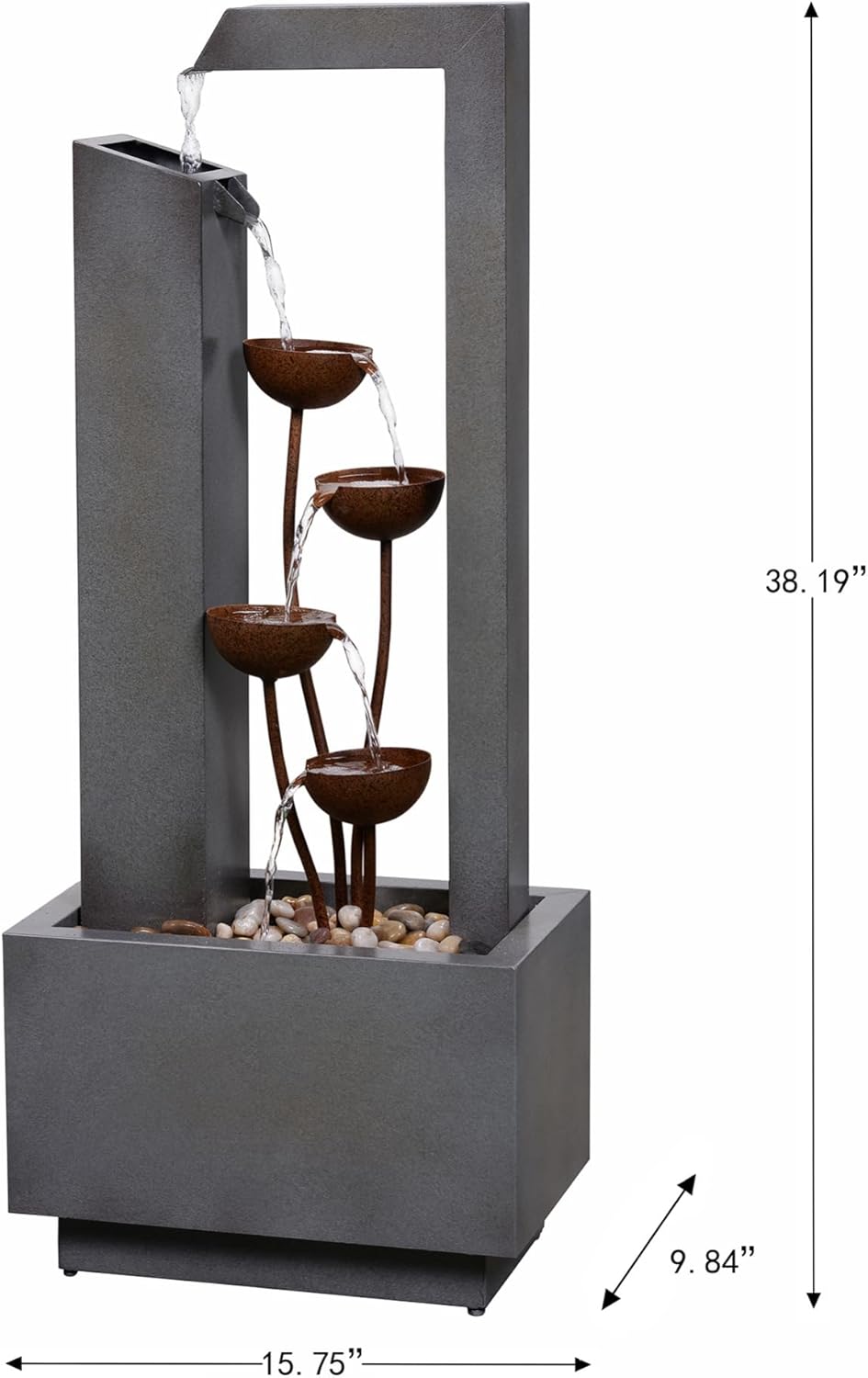 Steel Cups Fountain with Pump and River Stones - Outdoor