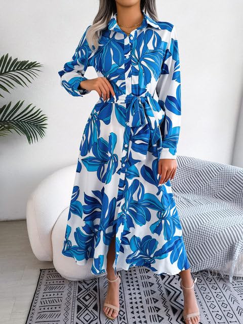 Gufrina Women's Full Sleeve Collar Neck Western Dress - Floral Print Maxi Dress with Slit and Tie-Up Belt (Blue XL) 1