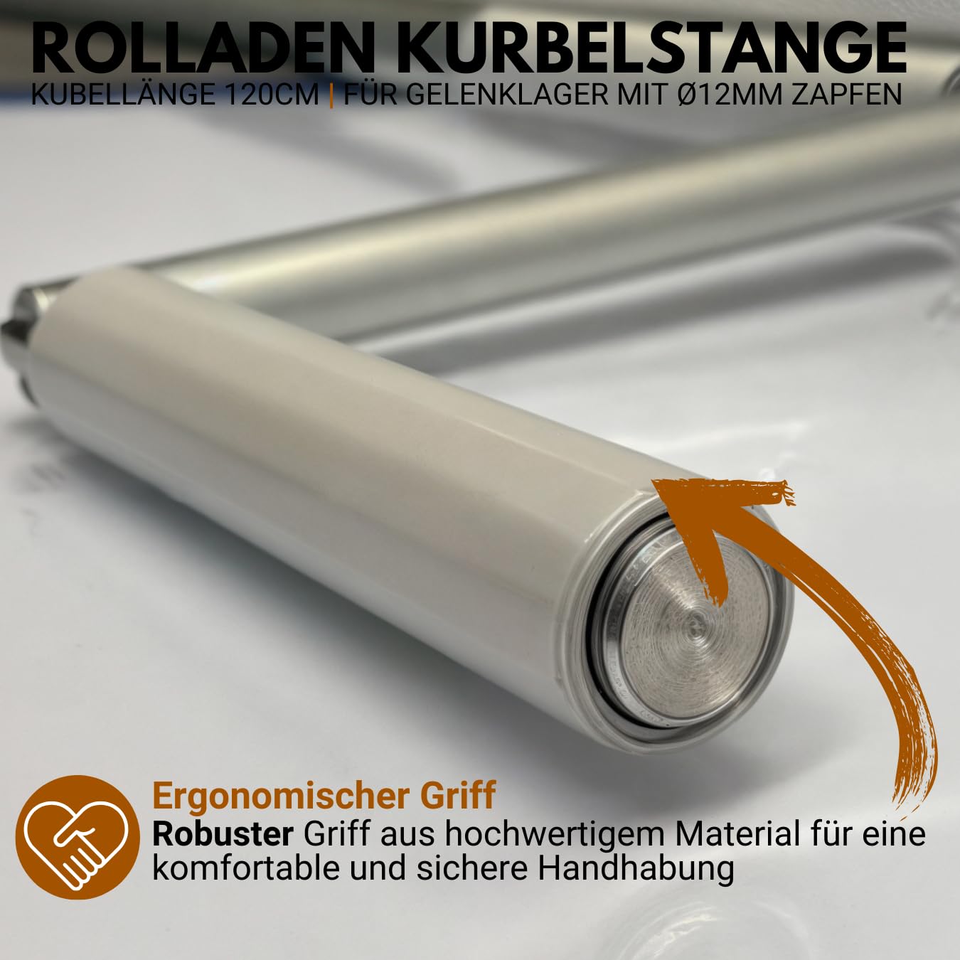 Rolladen Kurbelstange 120cm [Eloxiert], Hand-Kurbel für Gelenklager mit Ø11,9mm Zapfen - Rolladenkurbel rostfreies Aluminium mit ergonomischem Handgriff - markiso®