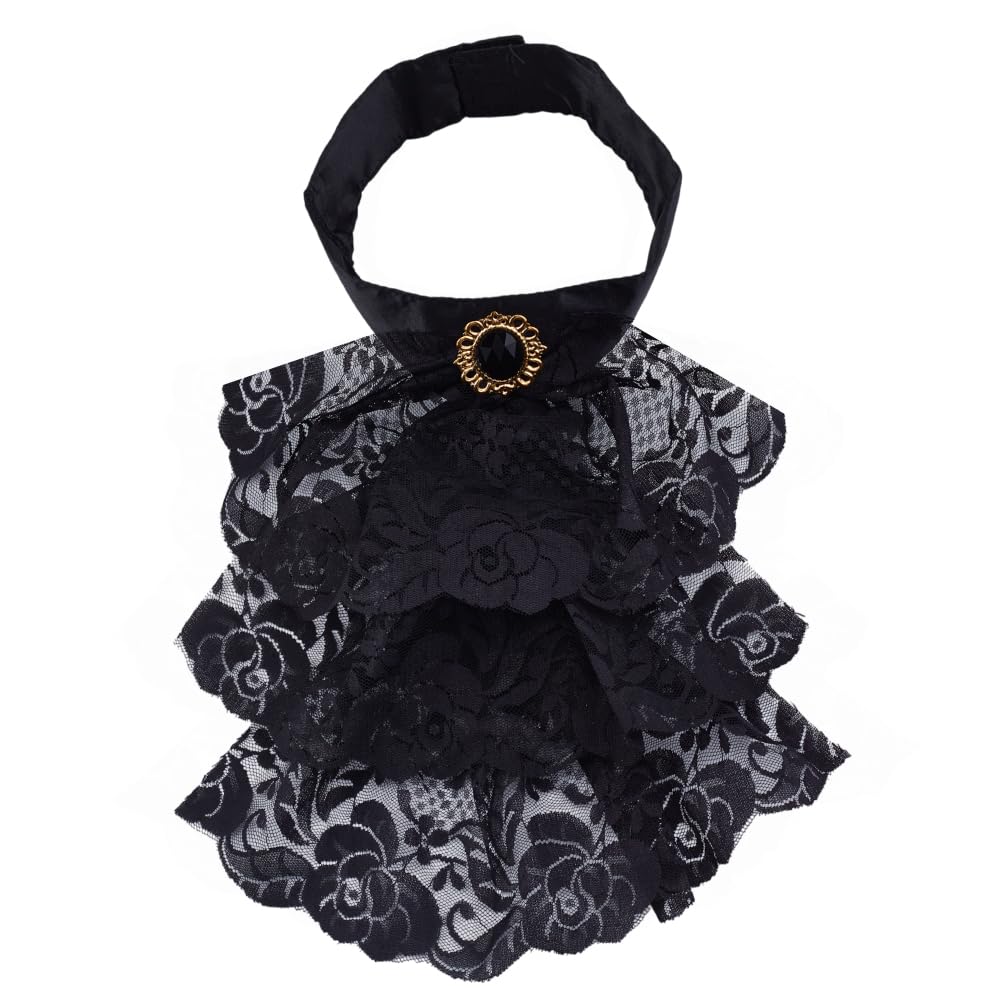 HOBBIESAY Black Jabot Collar Lace Necktie Ruffled Detachable Collar Colonial Costume Accessory for Women Outfits Cosplay Fancy Dress