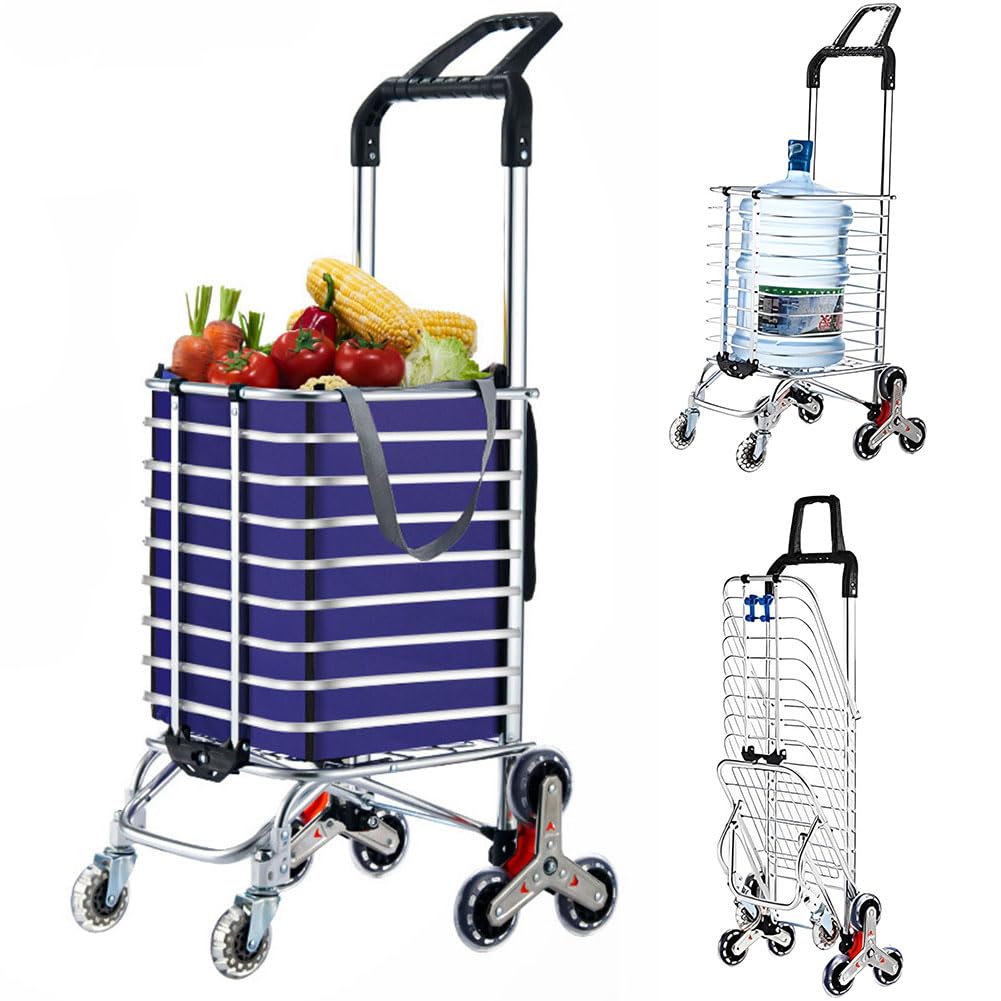 Carrito de 8 ruedas para subir escaleras con mango giratorio de 360°, diseño plegable, carrito de compras resistente con placa de protección, capacidad de carga de 51 kg, carrito de almacén