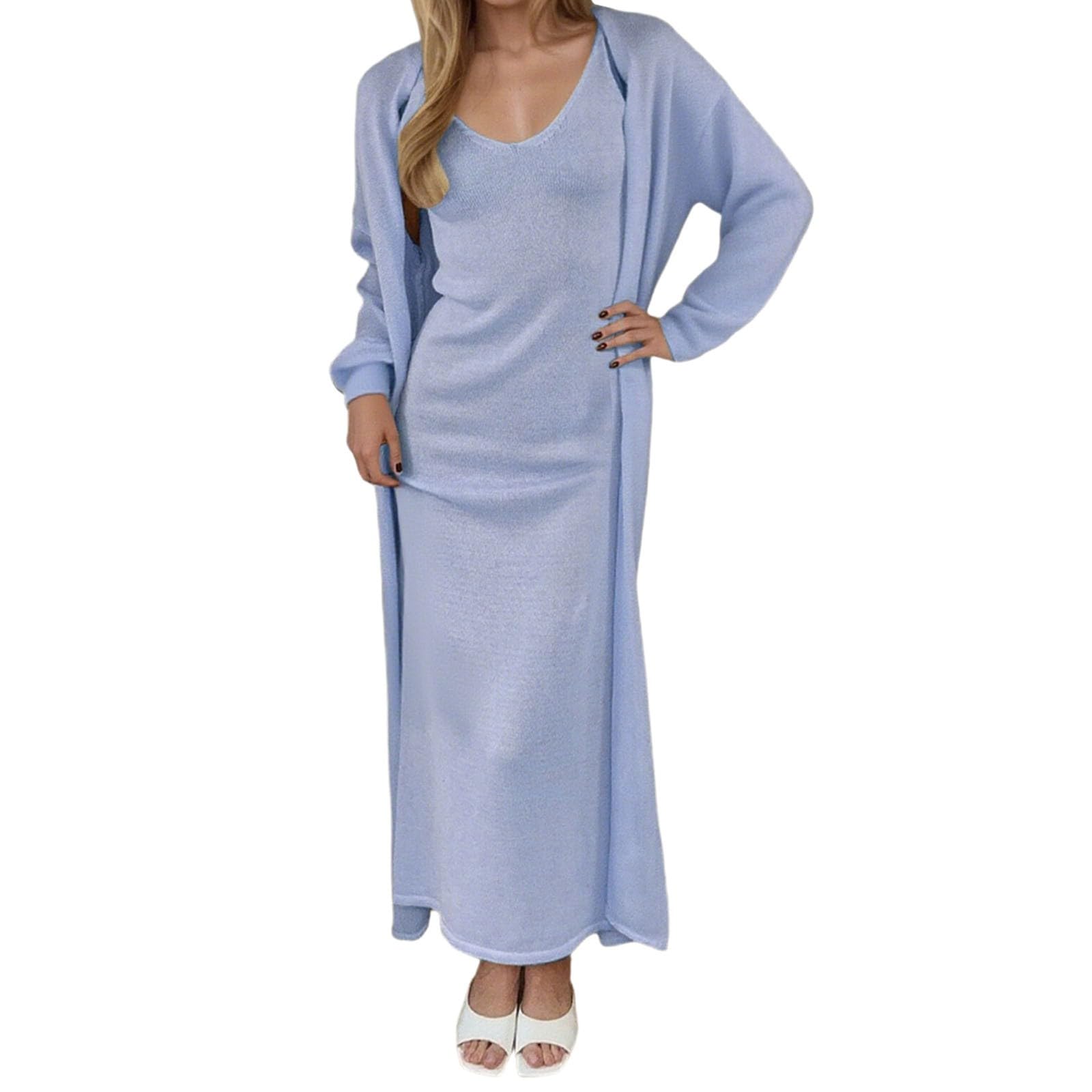 Generisch Tuta estiva da donna con scollo a V, con bretelle e cardigan, set da due pezzi, fine e leggera, per il tempo libero, con motivo a fori discreti, tuta da salotto
