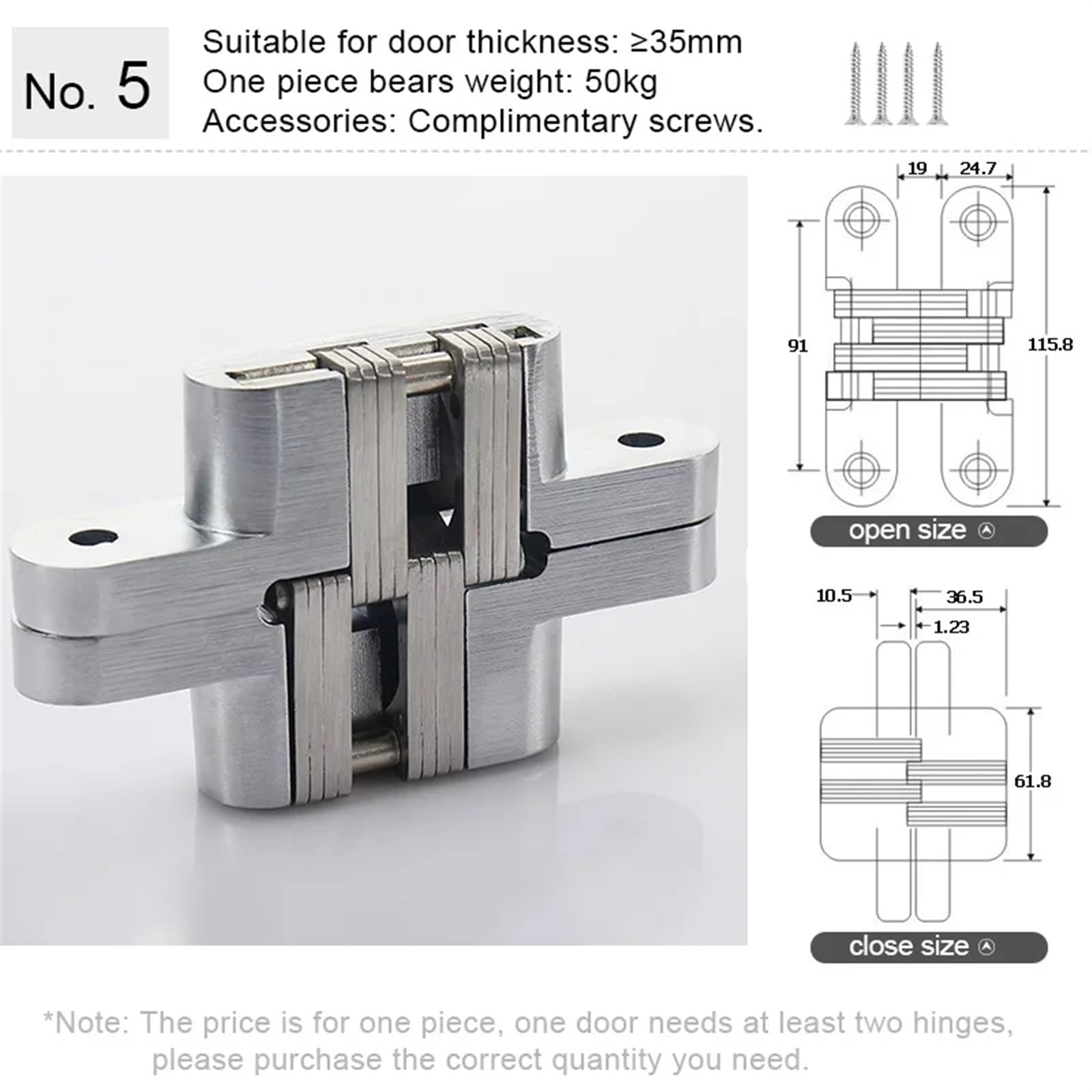 Cerniere Per Ante Cucina Cerniera invisibile a foglia for armadio oscillante a 180 gradi Scatola di legno nascosta Mortasa Finitura satinata con viti per Ante Cucina(Sliver-5)