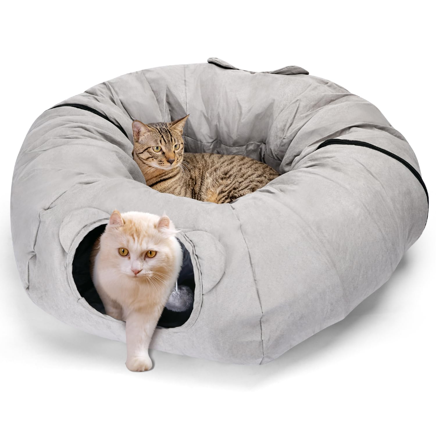 Nobleza Cat Bed with Tunnel & Balls, Large Donut Cat Tube with Peek Hole, Crinkle Sound for Cats & Kittens - Grey