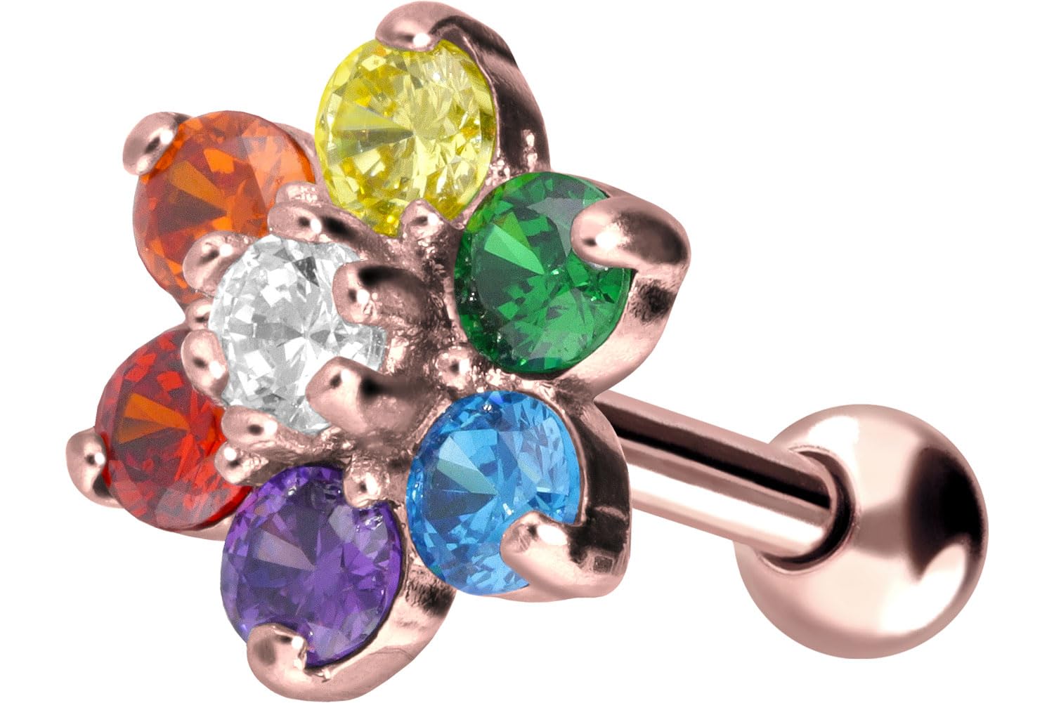 PIERCINGLINE Piercing de acero quirúrgico con diseño de flor de cristal multicolor | Piercing como oreja, hélice o tragus, en 4 colores elegantes