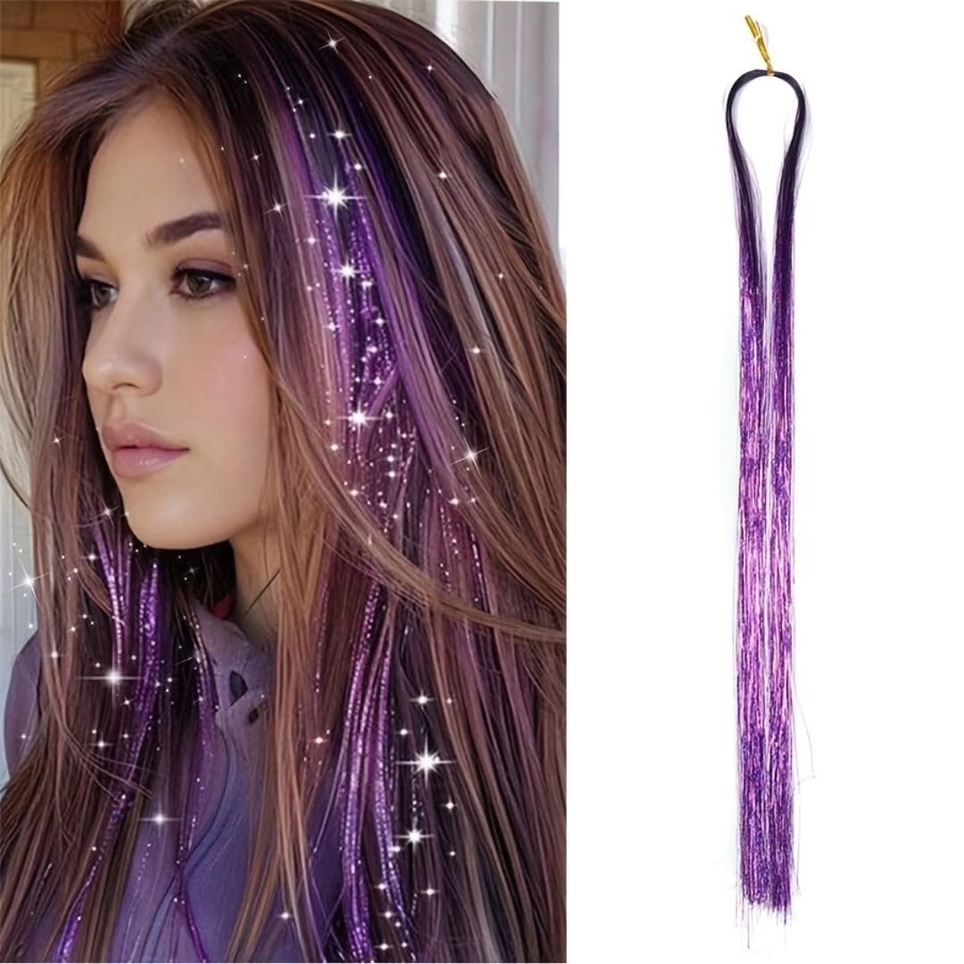 AHS Women & Girls 40 Inches Shiny Hair Highlighter Sparkling Strands Hair Glitter Threads Glitter Highlighter 100 Strands tinsel hair extensions (Purple) Pack of 1-image-4