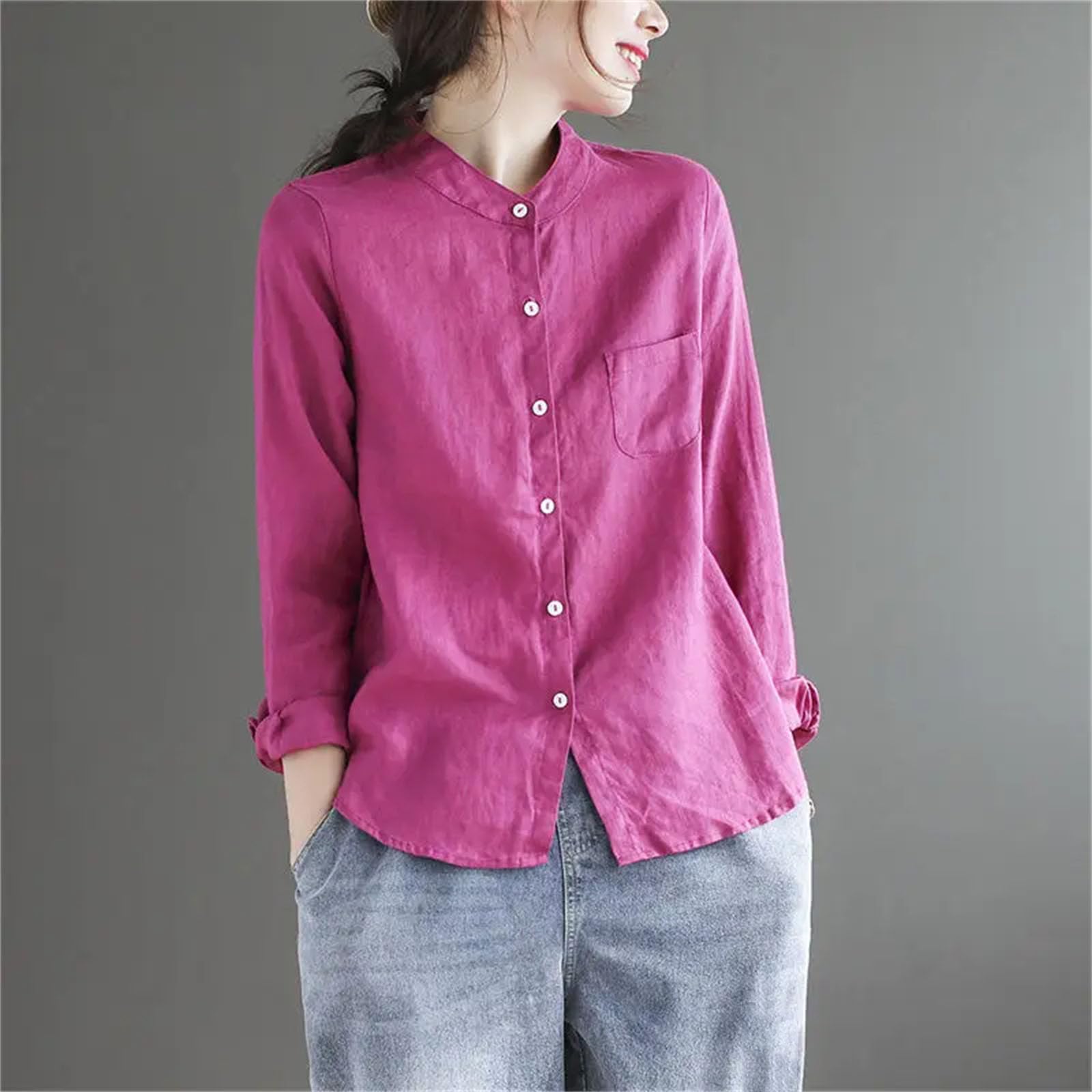 Camisa de manga larga con cuello alto para mujer, estilo informal, cómoda, de algodón, cáñamo, para primavera, para todo tipo de camisetas