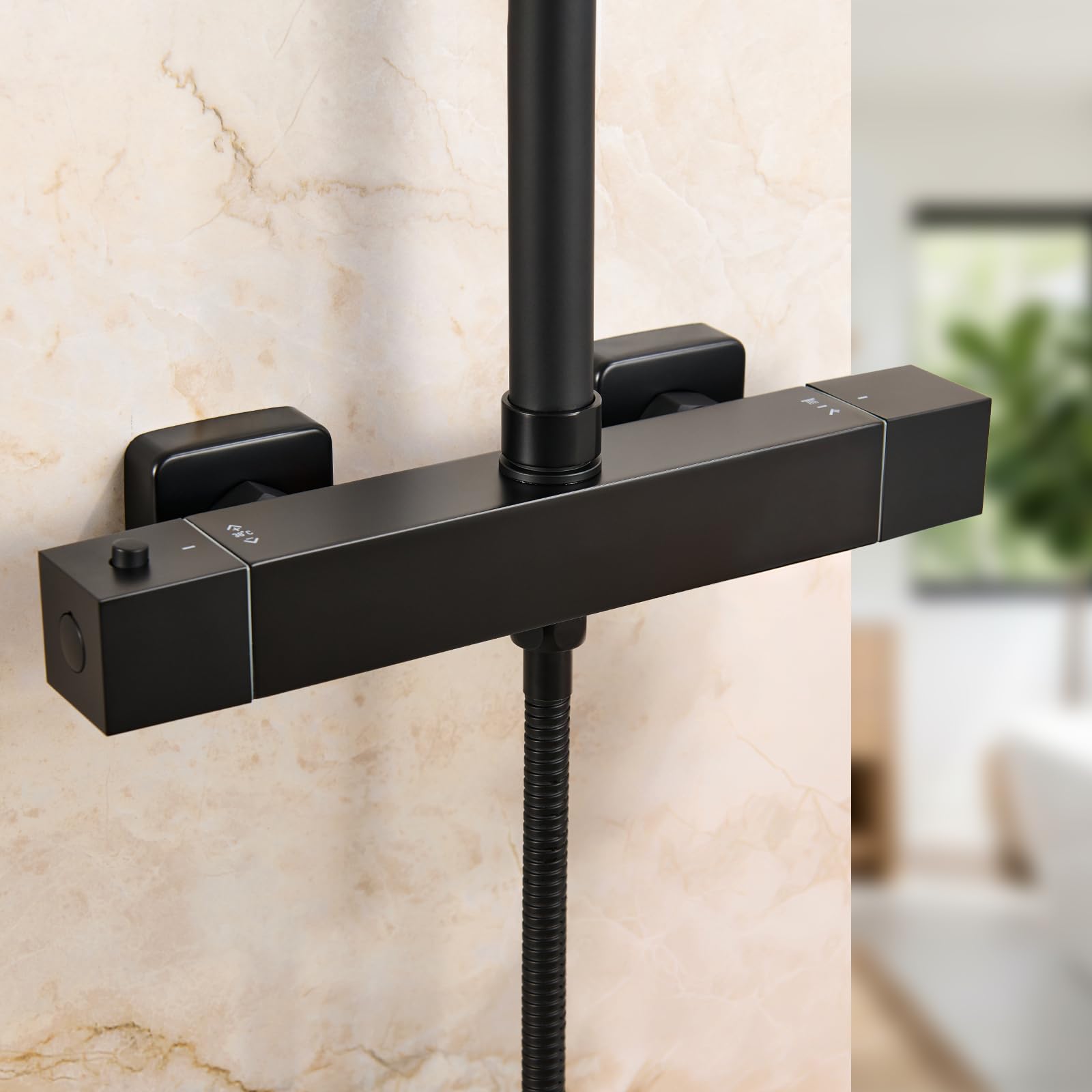 Auralum Miscelatore Termostatico Doccia con 2 Uscite, Attacco Standard Europeo G1/2, Distanza Installazione 150mm±10mm, Miscelatore Doccia Esterno Nero, Rubinetto Doccia da Muro Forma Rettangolare