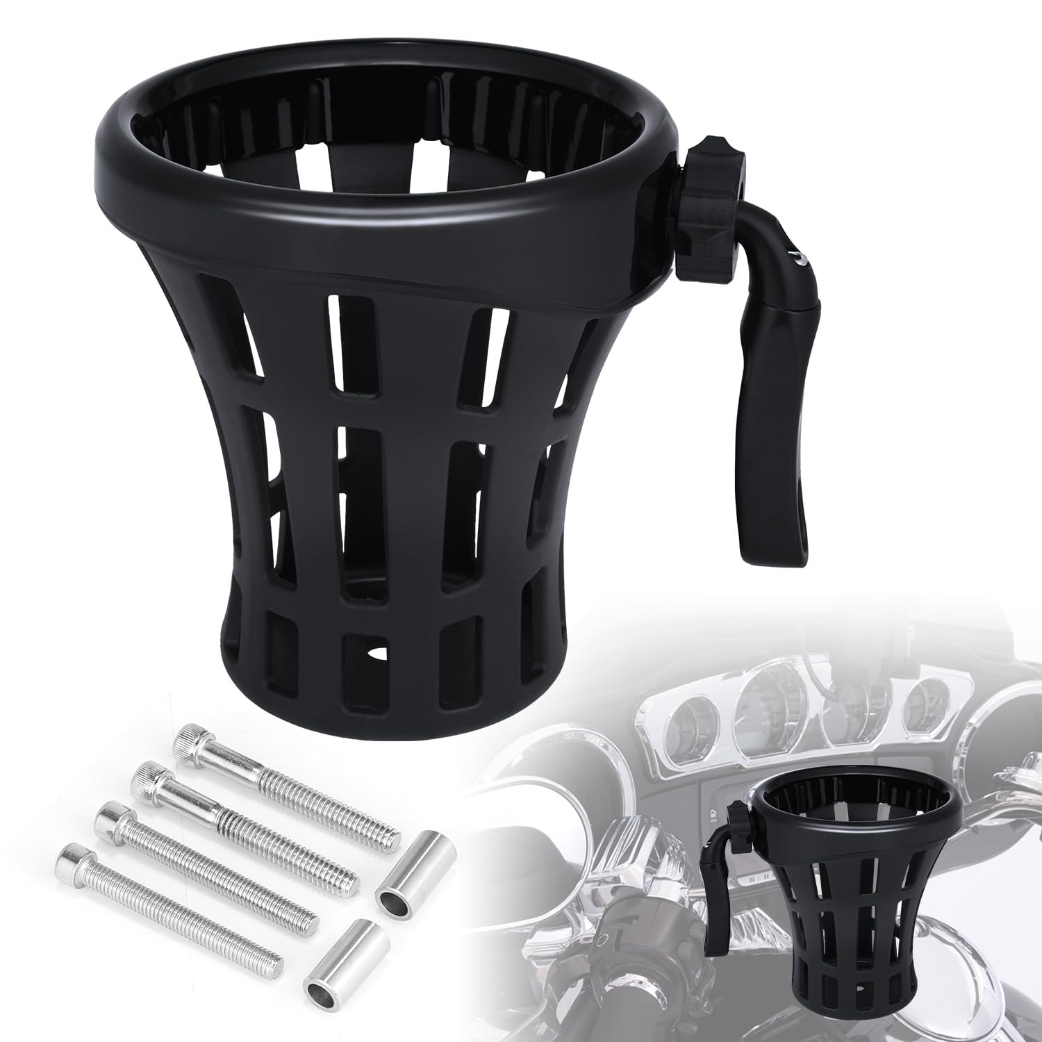 Cup Holder for Motorcycle Handlebars, Big Drink Holder Plated & Rubber Compatible for Harley Davidson Passenger Water Bottle Holder with Mesh Basket Fit for Honda Goldwing GL 1800 (142 MM)
