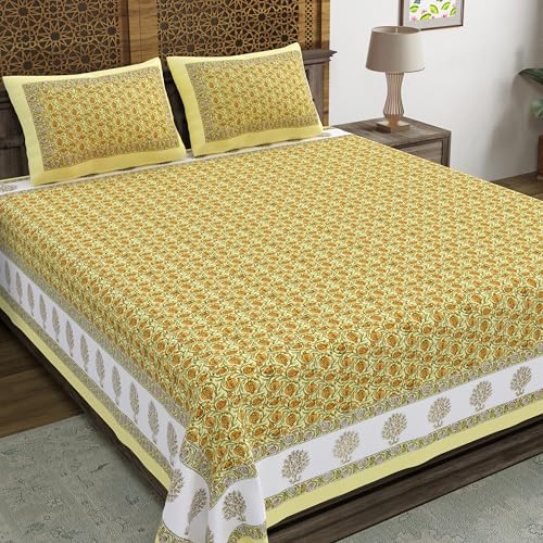 Image of BLOCKS OF INDIA Hand Block Printed 200 TC Cotton King Size Bedsheet (Mustard Anar)