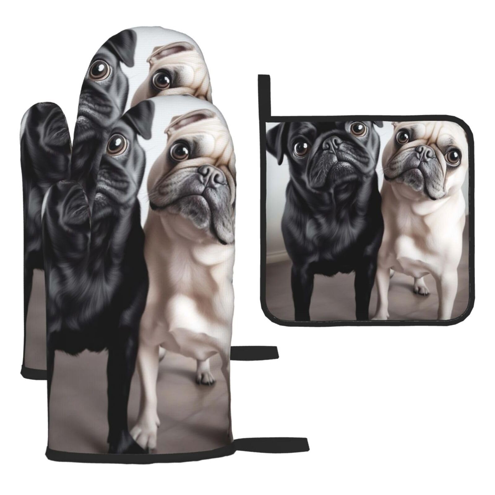 Oven Mitts and Pot Holders Sets of 3 Cute Black Pug Dog Oven Mitts 3 Pcs Heat Resistant Non Slip Ovens Gloves Hot Pads Kitchen Gloves Potholders for Baking Cooking BBQ Grilling