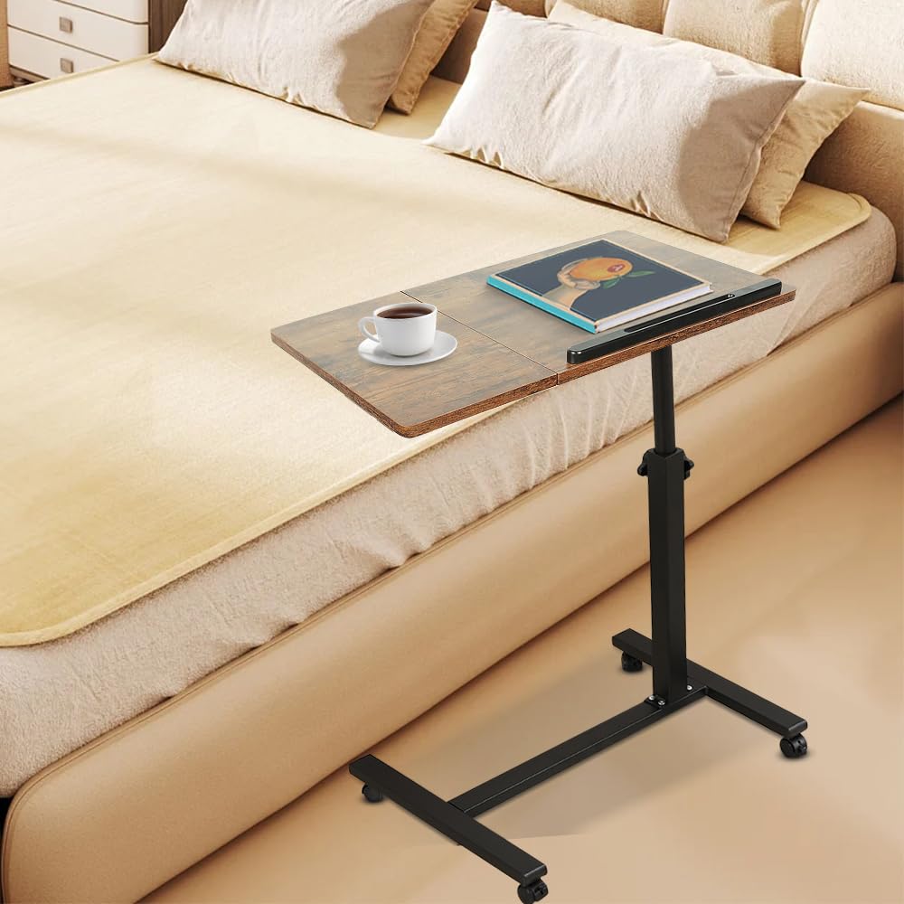 LANTUS Bureau d'Ordinateur, Table de Bureau, Bout de canapé avec 4 roulettes Verrouillables Table de Lit, Idéal pour Lit et Fauteuil, Plateau,60 x 34,5 x 58/90 cm (Cerisier)