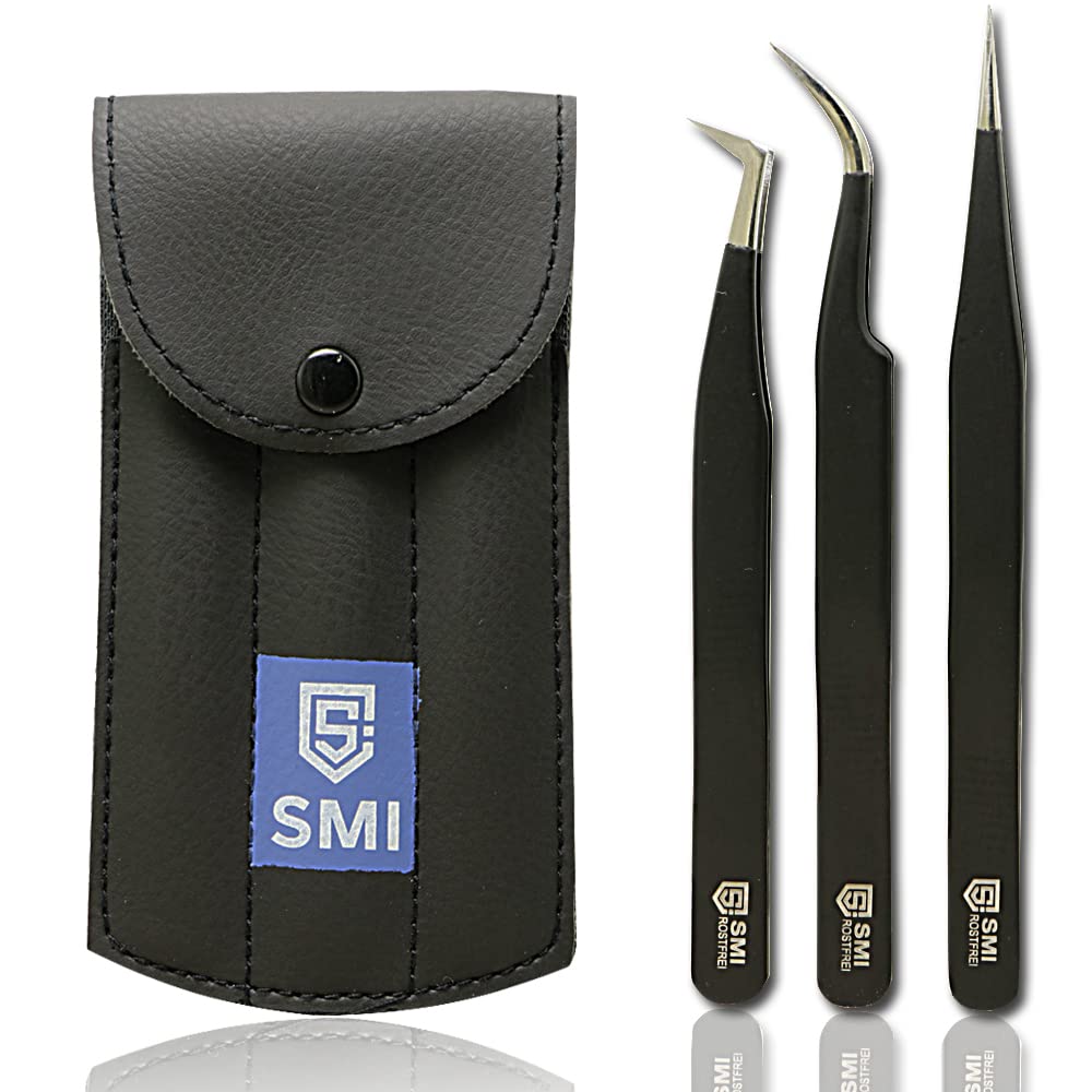 SMI 3 Piezas Pinzas Para Pestañas Pinzas de Extensión de Pestañas Recto y Curvo Pinzas Pestañas de Acero Inoxidable Pinza de Precisión Para 3D 6D Volumen con Estuche (Negro)
