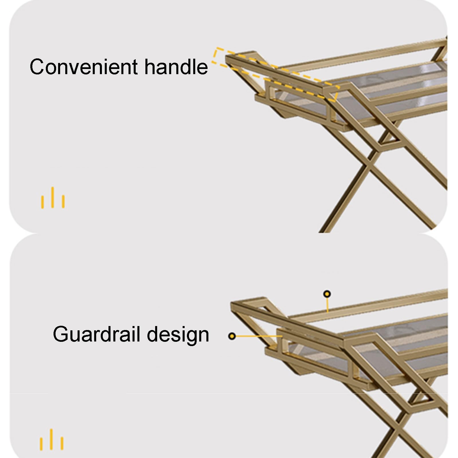 Chariots alimentaires en forme de X avec panneaux en marbre, cadre en fer émaillé cuit à haute température, poignées pratiques et garde-corps surélevés – Parfait pour la restauration et l'hôtellerie