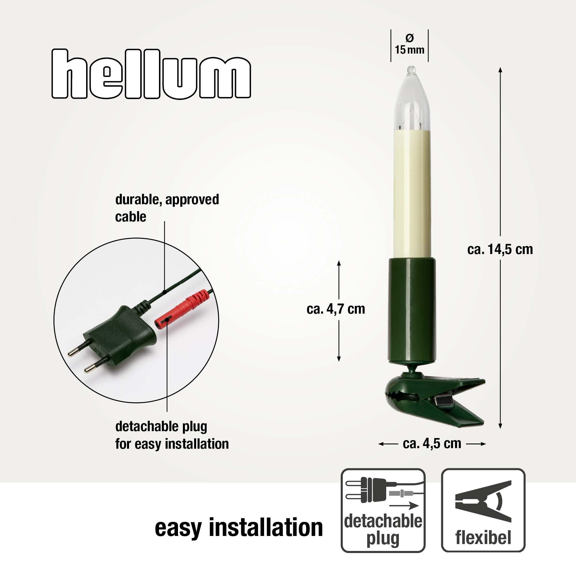 Hellum guirlande sapin, made in Germany, bougies à clip, 15 lampes, longueur 9,8 m, câble vert, blanc chaud, intérieur, prise séparable, 3 bougies de rechange, sans LED <59 lm 430059