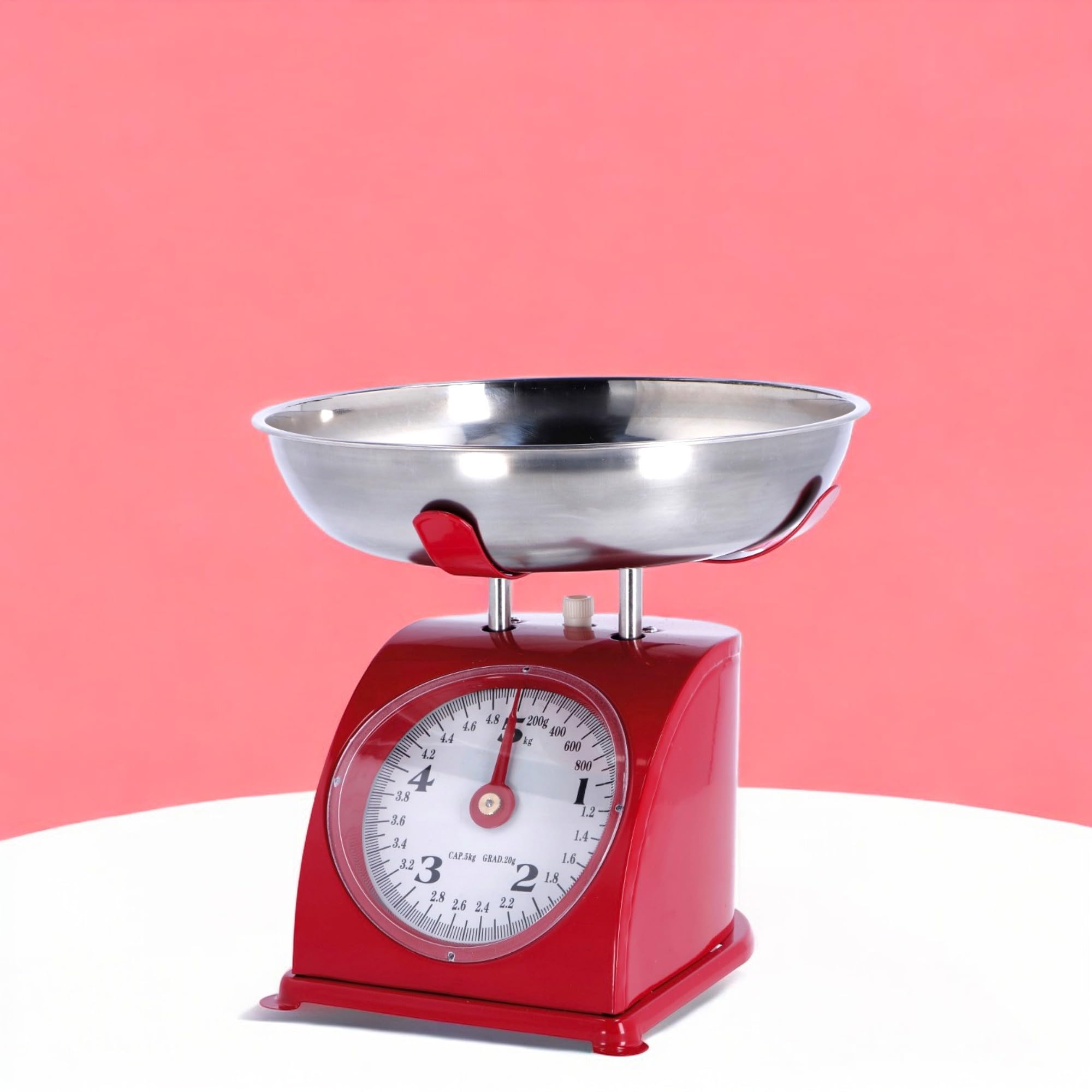KORAT Bilancia da Cucina vintage Meccanica Tara manuale, quadrante grande e vaschetta in acciaio inox, capacità 5 kg struttura robusta in ferro, Analogica per alimenti