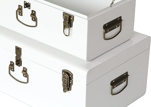 Miniatura 3 de Vixdonos Juego de 2 cajas de almacenamiento decorativas de metal para dormitorio universitario con asa (blanco con cierres de bronce)