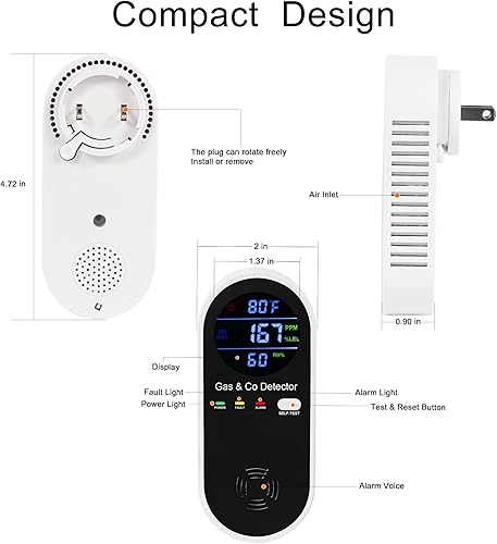 Miniatura 2 de 3 paquetes de detectores de gas y monóxido de carbono enchufables, alarma de monóxido de carbono 4 en 1, Fahrenheit (F) y humedad, detector de gas